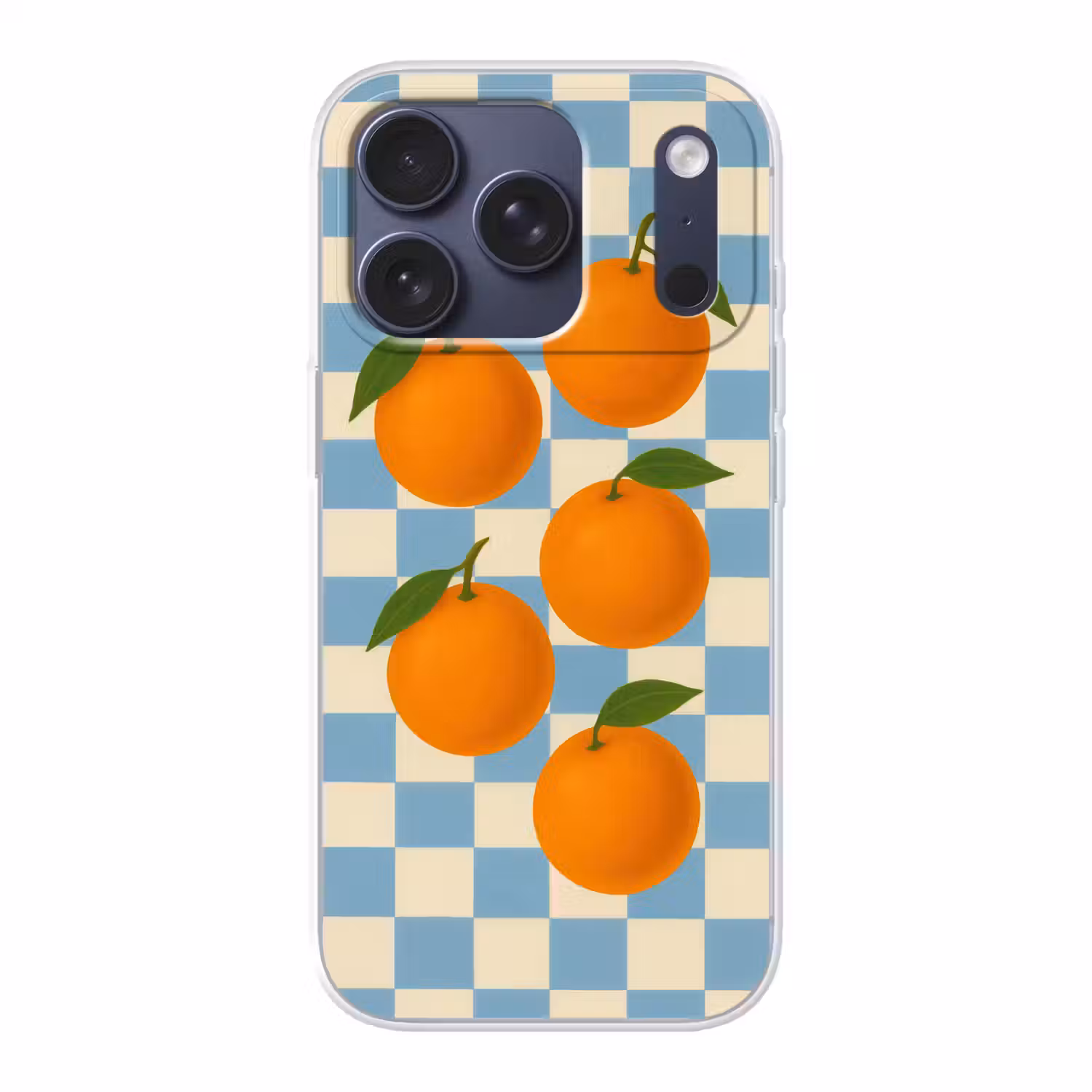 Sinaasappels - Blaadjes - Geblokt - Blauw Telefoonhoesje iPhone 17 Pro klein -3d