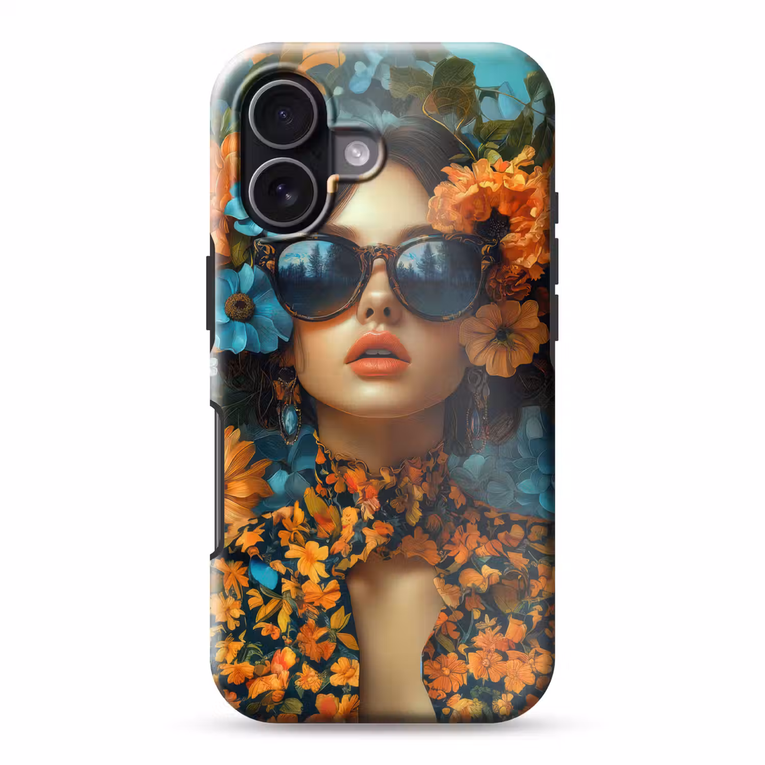 Vrouw - Bloemen - Oranje - Blauw - Modern Toughcase MagSafe Apple iPhone 17 klein -3d