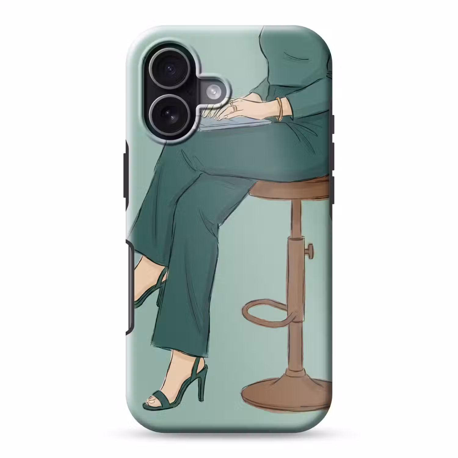 Vrouw - Laptop - Zittend - Illustratie - Groen Toughcase MagSafe Apple iPhone 17 klein -3d