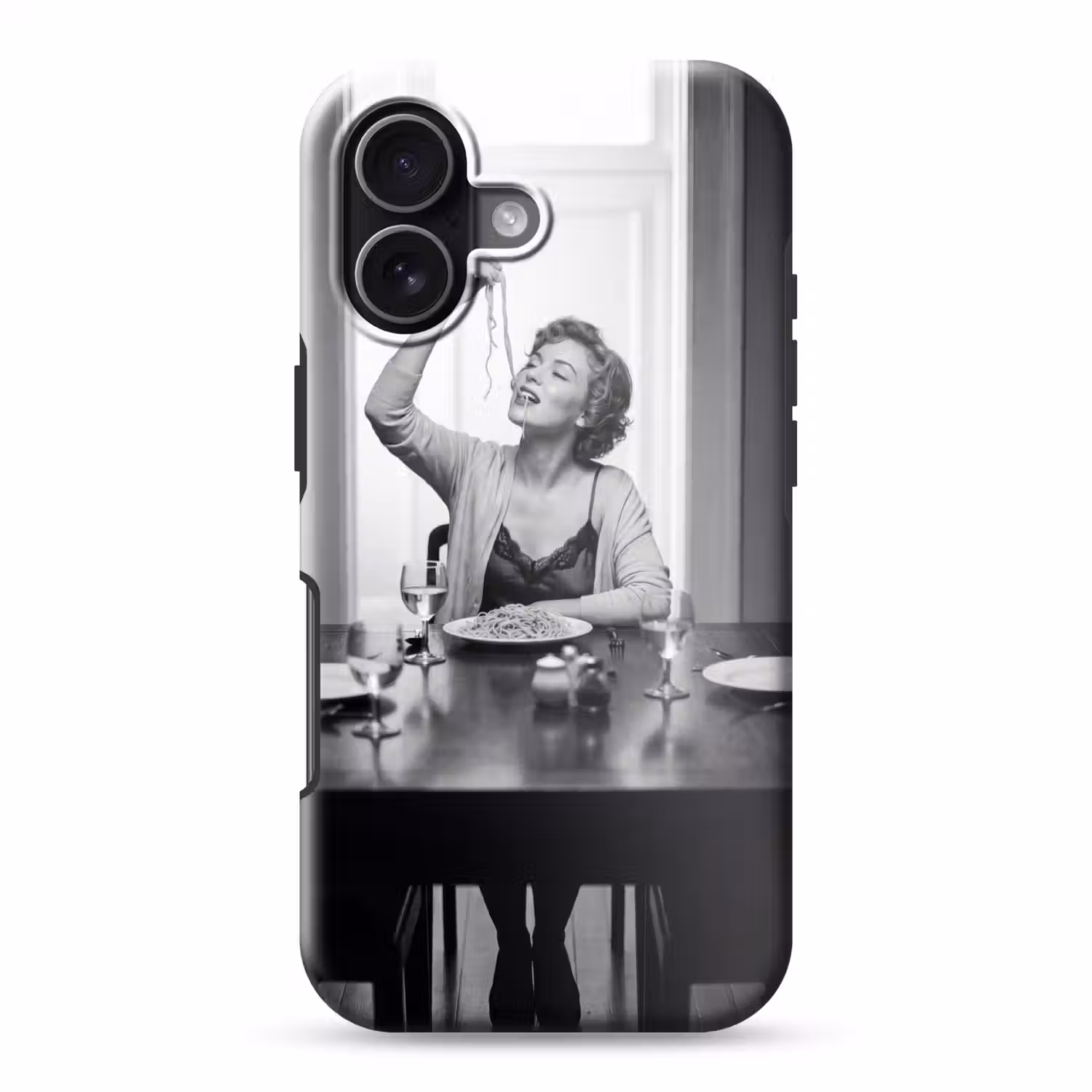 Vrouw - Spaghetti - Zwart - Wit Toughcase MagSafe Apple iPhone 17 klein -3d