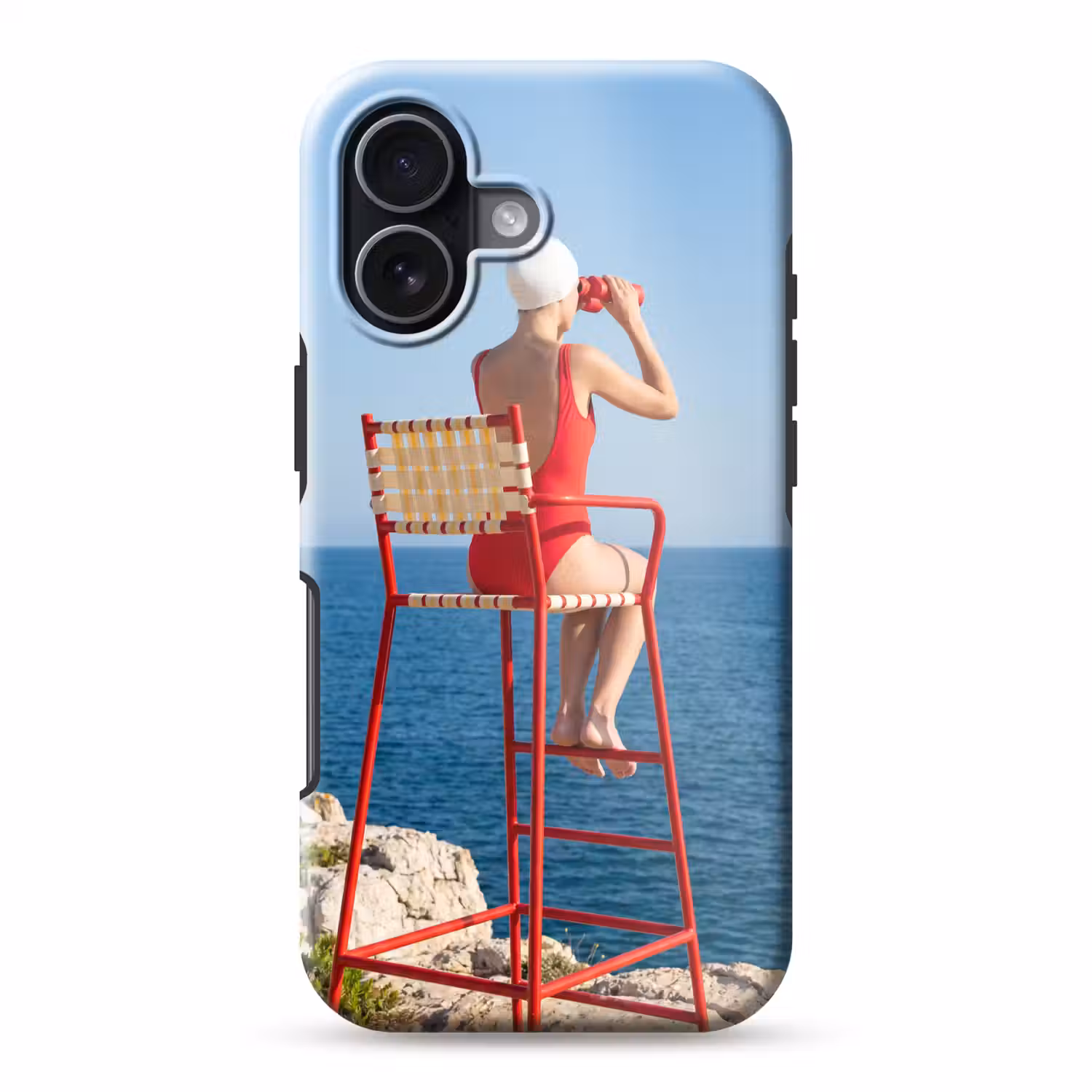 Vrouw - Zee - Kust - Verrekijker - Rood Toughcase MagSafe Apple iPhone 17 klein -3d