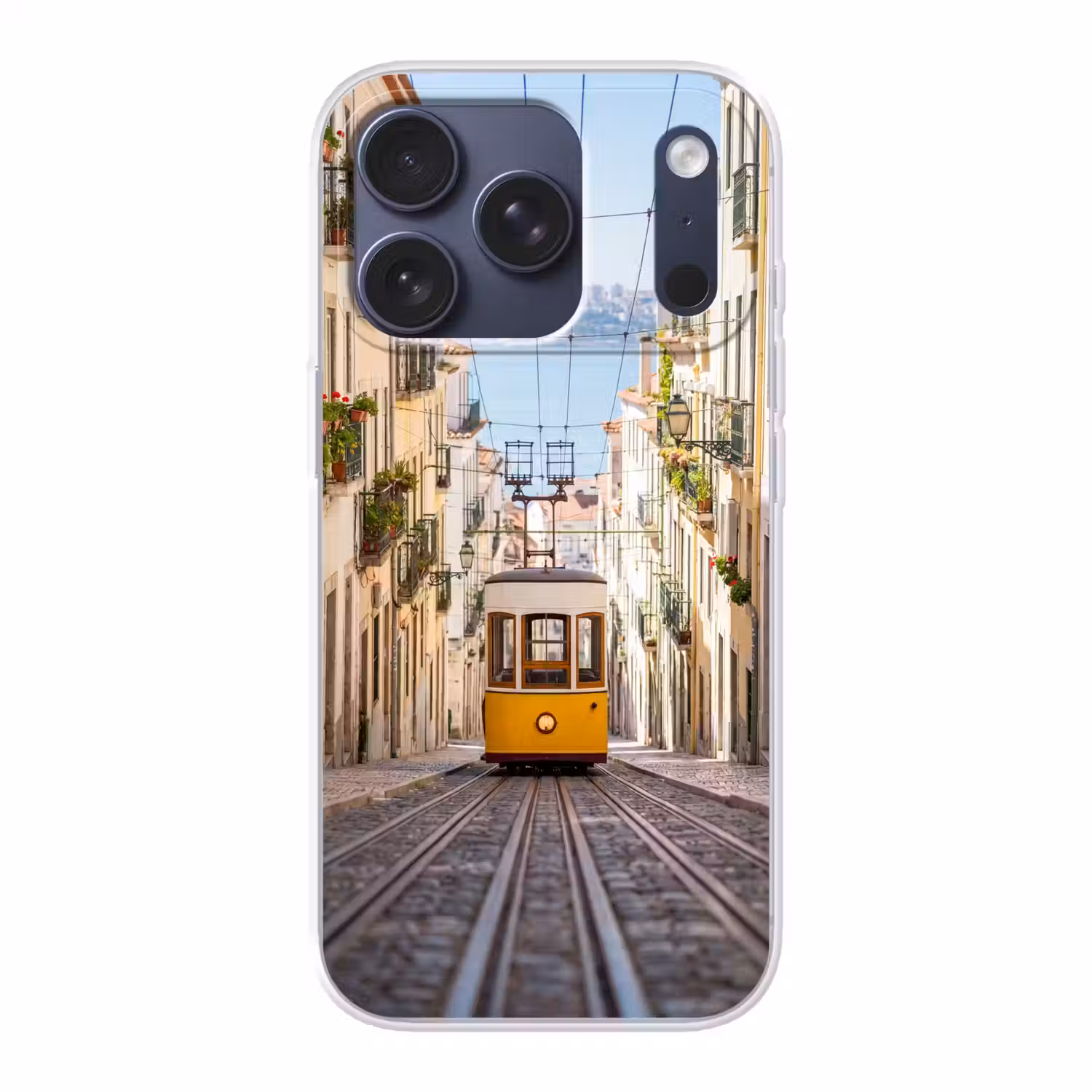 Tram - Straat - Stad - Architectuur - Geel Telefoonhoesje iPhone 17 Pro klein -3d