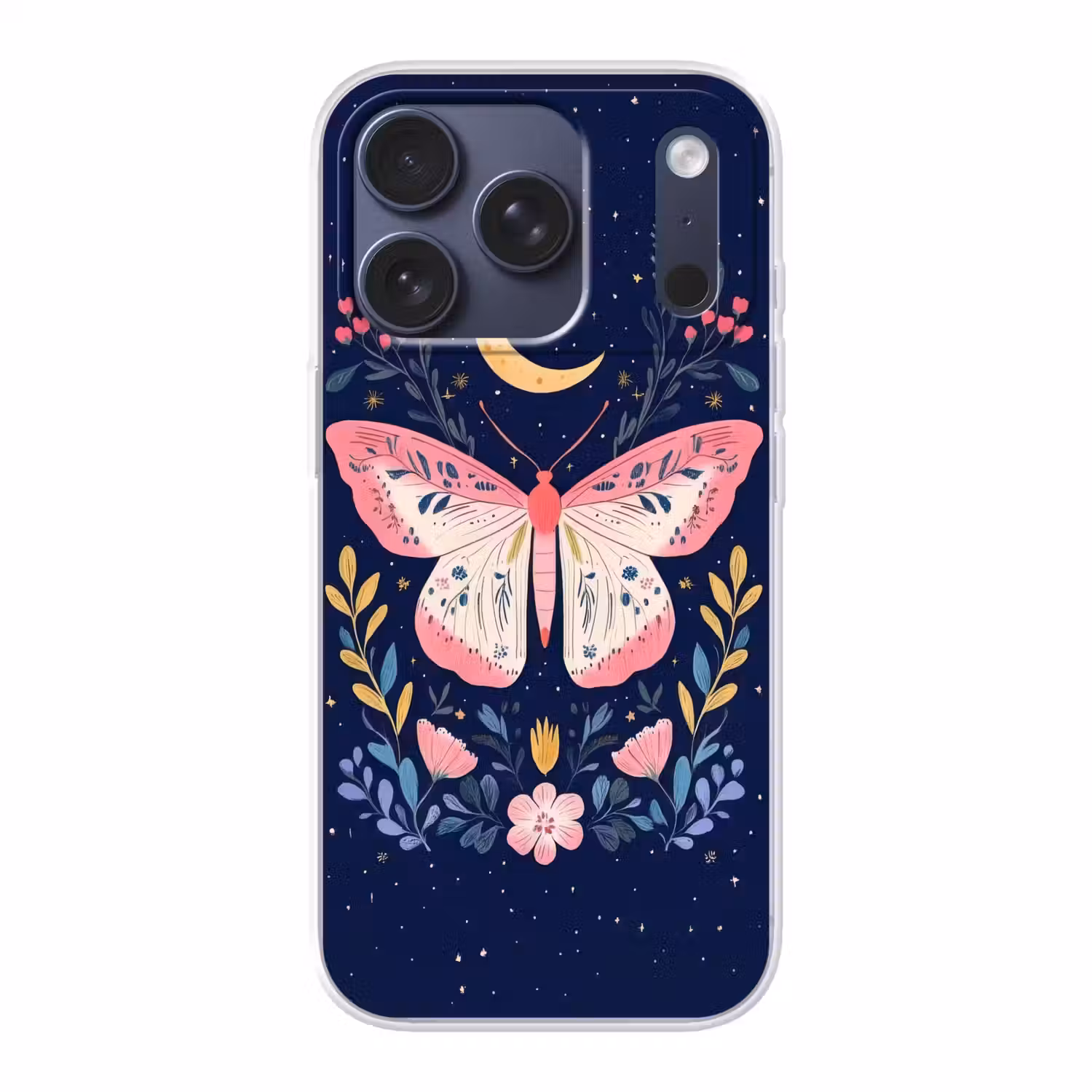 Vlinder - Maan - Bloemen - Sterrenhemel Telefoonhoesje iPhone 17 Pro klein -3d