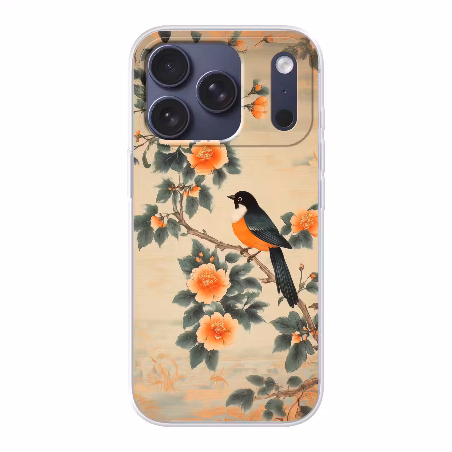 Vogel - Tak - Bloemen - Oranje Telefoonhoesje iPhone 17 Pro klein -3d