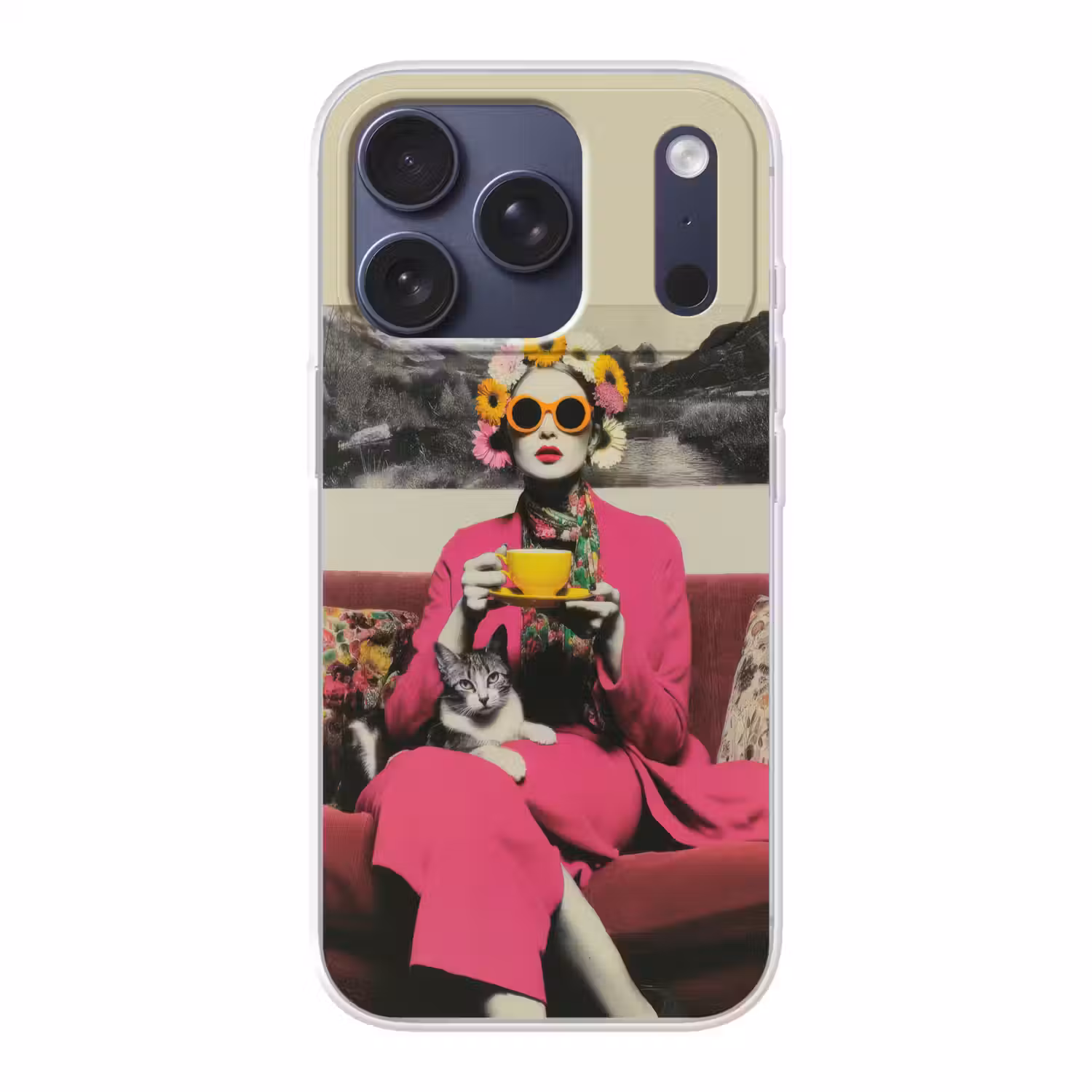 Vrouw - Kat - Bloemen - Kopje - Retro Telefoonhoesje iPhone 17 Pro klein -3d