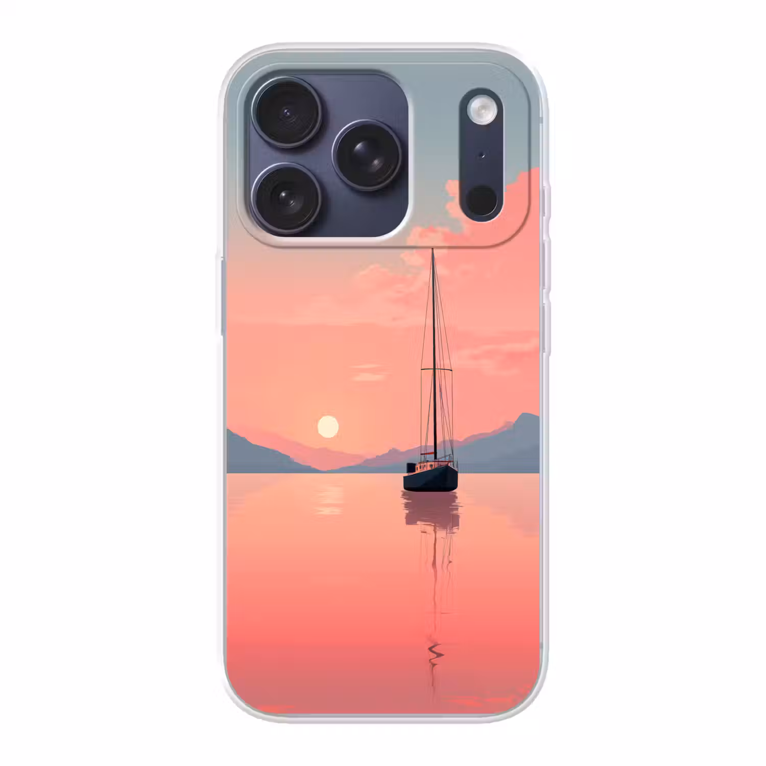 Zeilboot - Roze zee - Zonsondergang - Bergen Telefoonhoesje iPhone 17 Pro klein -3d