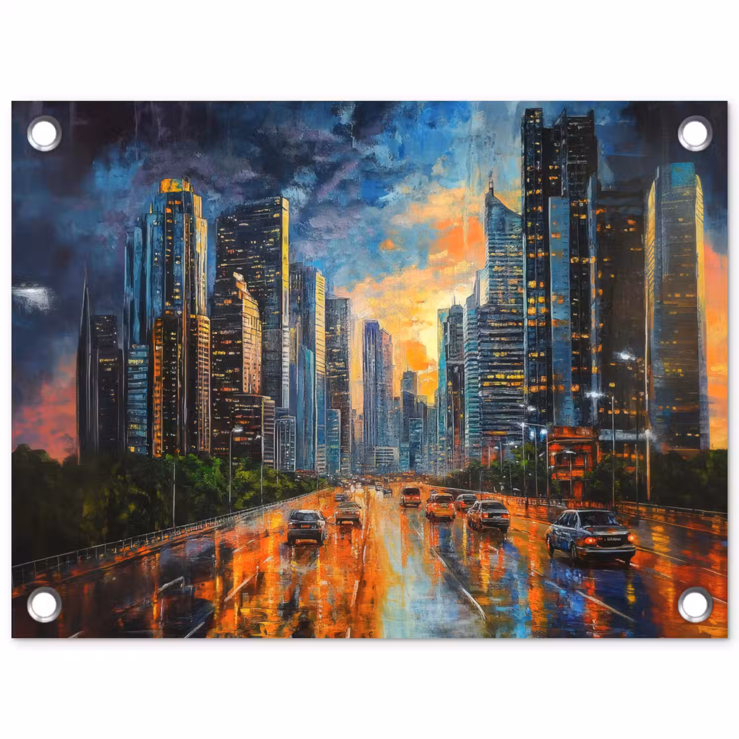 Auto - Skyline - Zon - Blauw tuinposter los doek klein -3d
