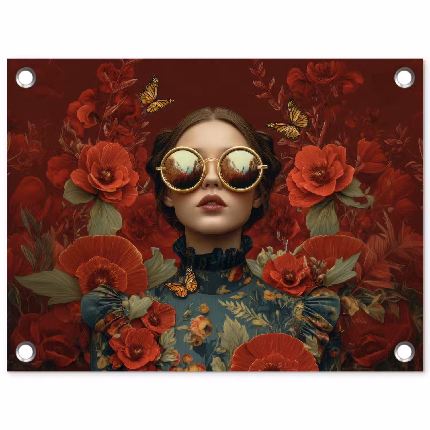 Bloemen - Dieprood - Zonnebril - Vrouw tuinposter los doek klein -3d