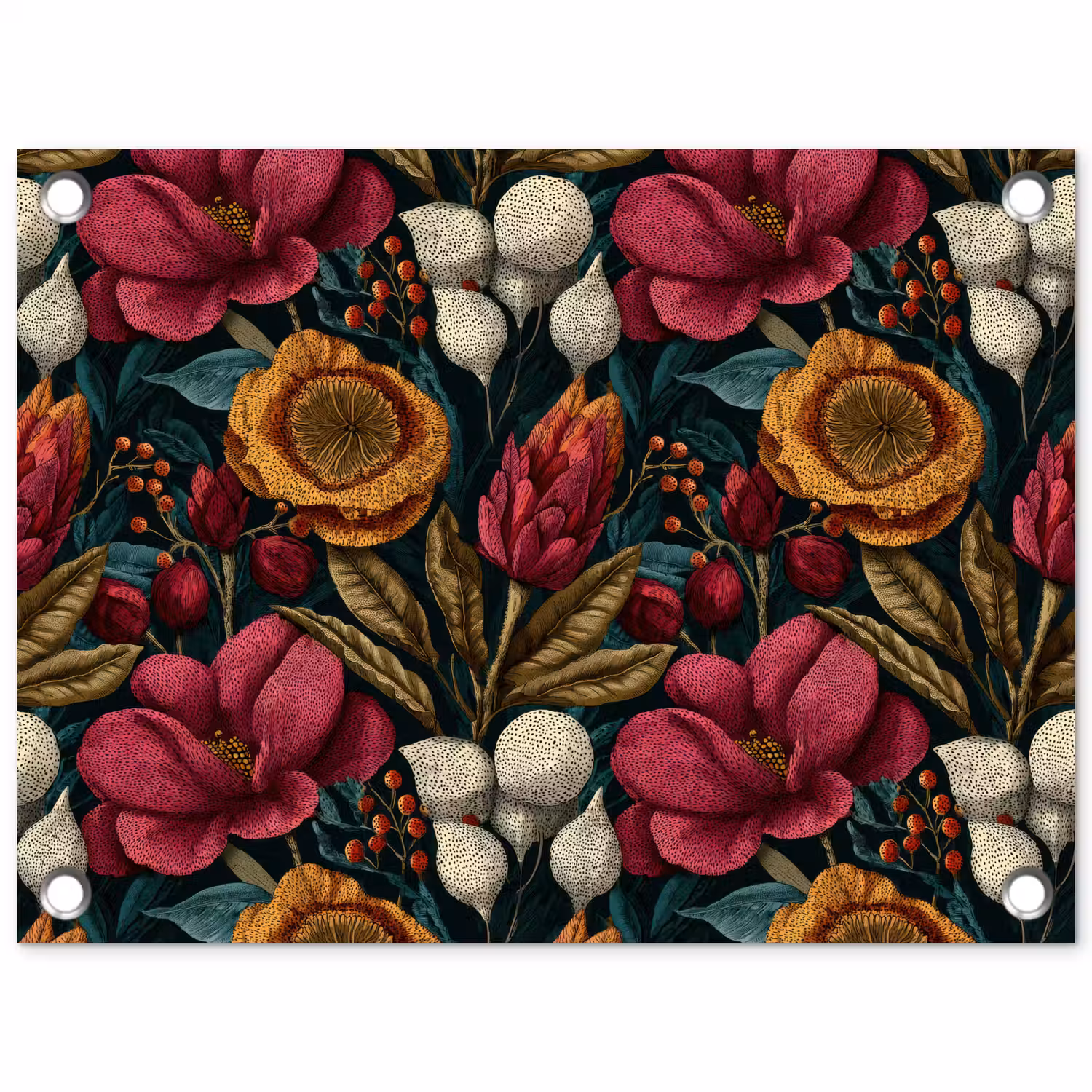 Bloemen - Patroon - Rood - Goud tuinposter los doek klein 239 -3d