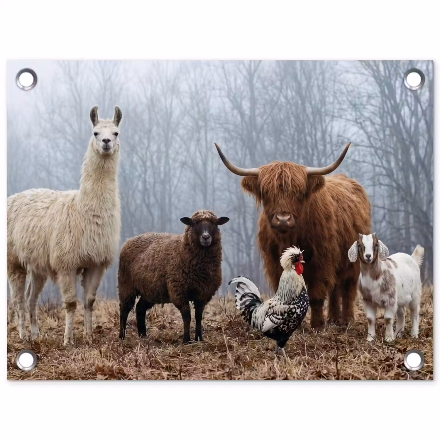 Boerderijdieren - Groep - Mist - Natuur - Rustiek tuinposter los doek klein -3d