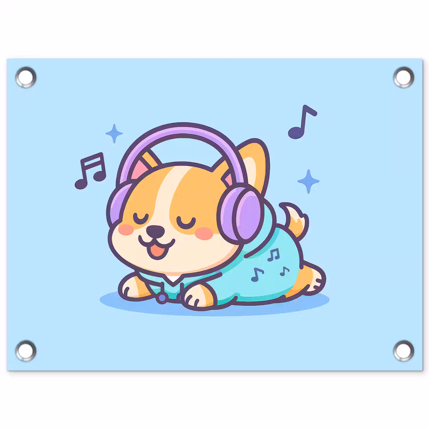 Corgi - Koptelefoon - Blauw - Muzieknoten tuinposter los doek klein -3d