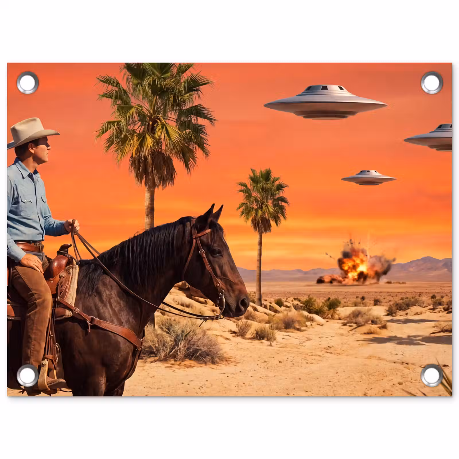 Tuinposter - Cowboy - Paard - Woestijn - Cowboy - Paard - Woestijn tuinposter los doek klein