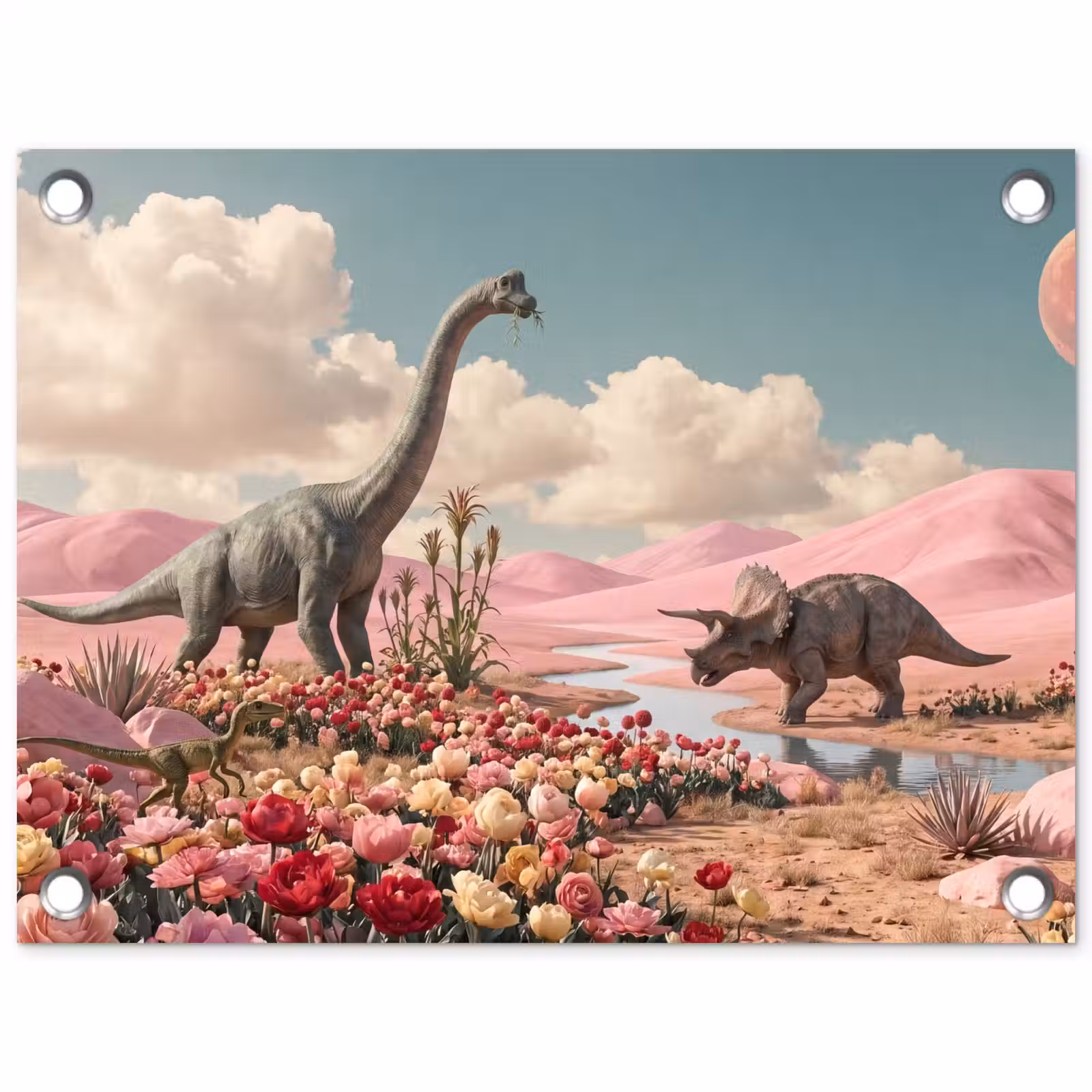 Tuinposter - Dinosaurus - Roze - Landschap - Dinosaurus - Roze - Landschap tuinposter los doek klein