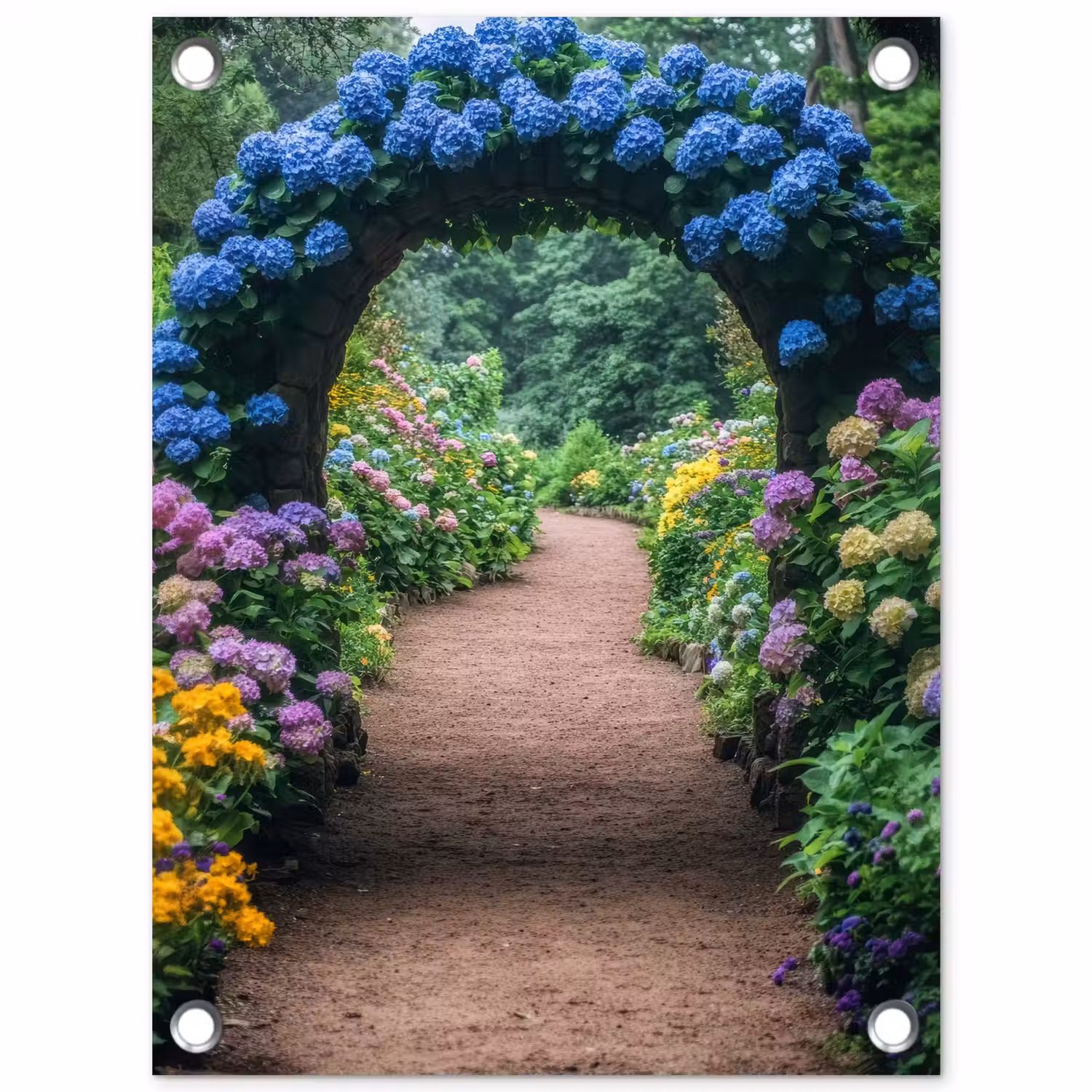 Doorkijk - Bloemen - Hortensia - Pad tuinposter los doek klein -3d