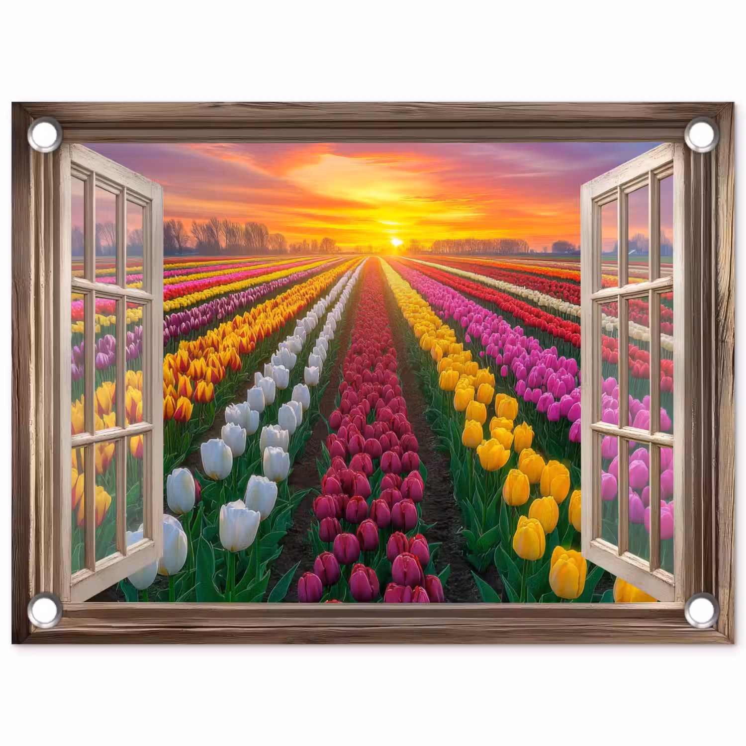 Doorkijk - Bloemen - Tulpen - Kleurrijk - Zonsondergang tuinposter los doek klein -3d