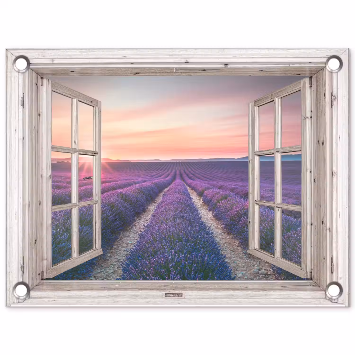 Doorkijk - Lavendel - Bloemen - Hout - Zonsondergang - Paars tuinposter los doek klein -3d