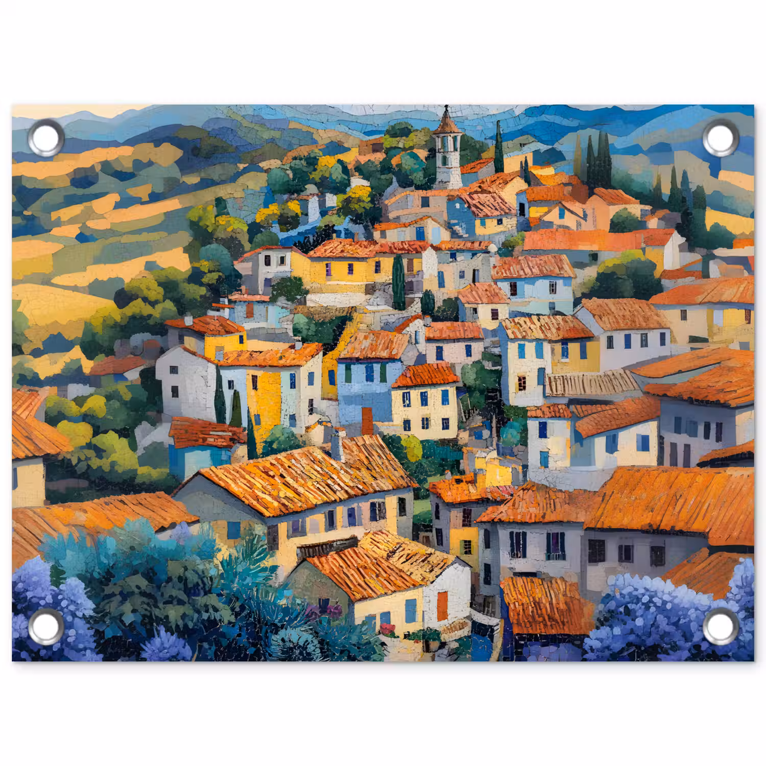 Dorp - Heuvels - Landschap - Bomen tuinposter los doek klein -3d
