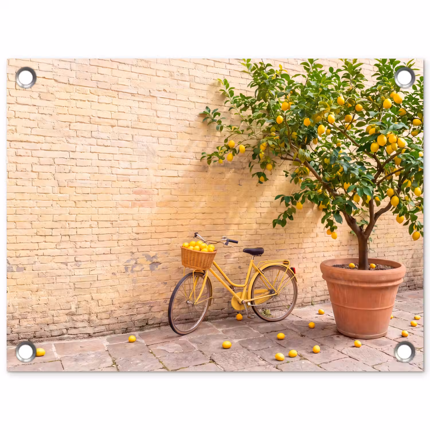 Fiets - Mand - Eten - Geel - Zomer tuinposter los doek klein -3d