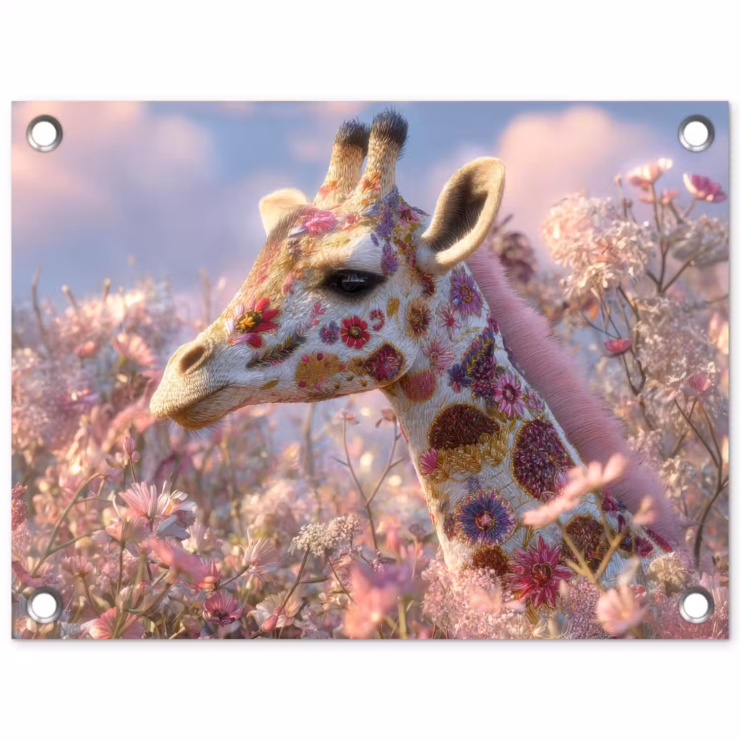 Giraffe - Bloemen - Roze tuinposter los doek klein -3d