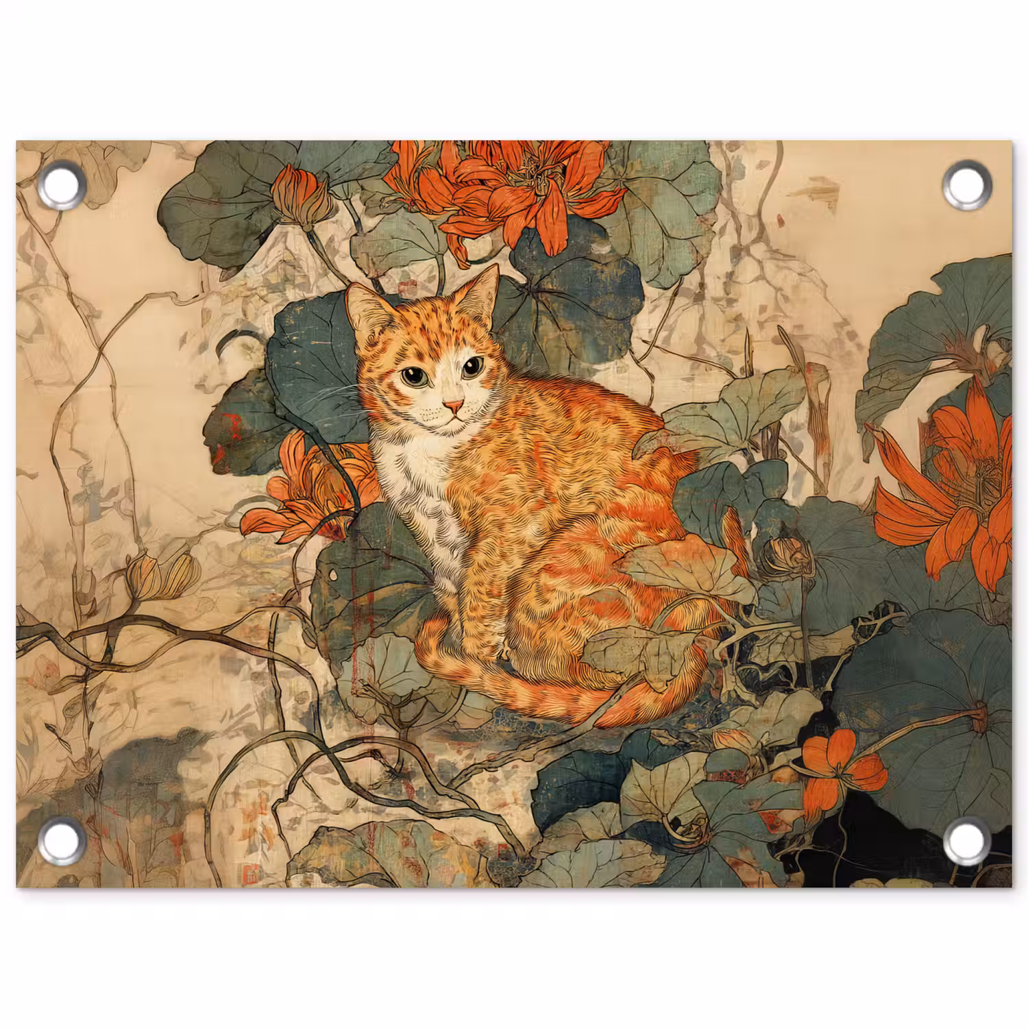 Kat - Sierlijk - Bloemen tuinposter los doek klein -3d