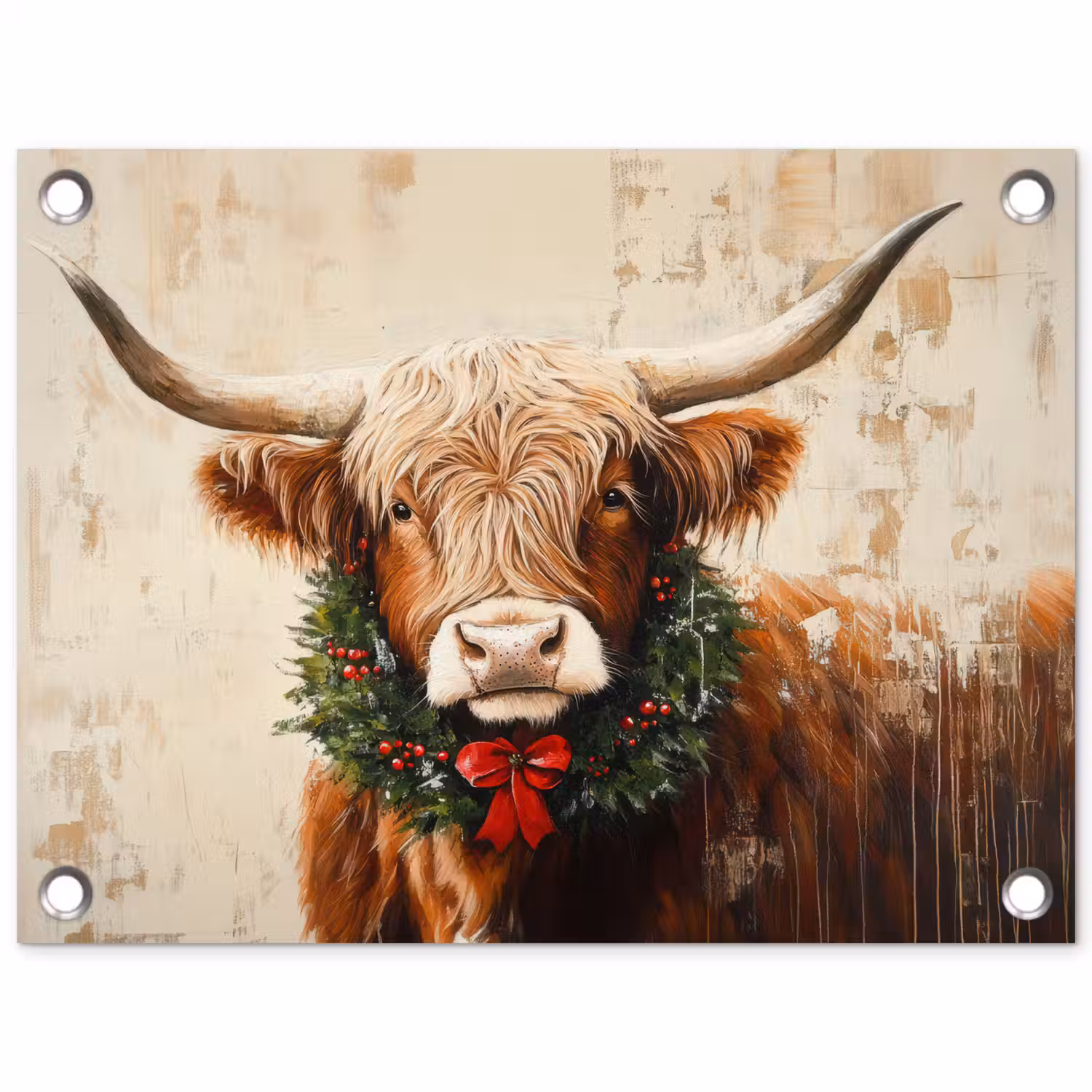 Kerst - Schotse Hooglander - Bruin - Krans tuinposter los doek klein -3d