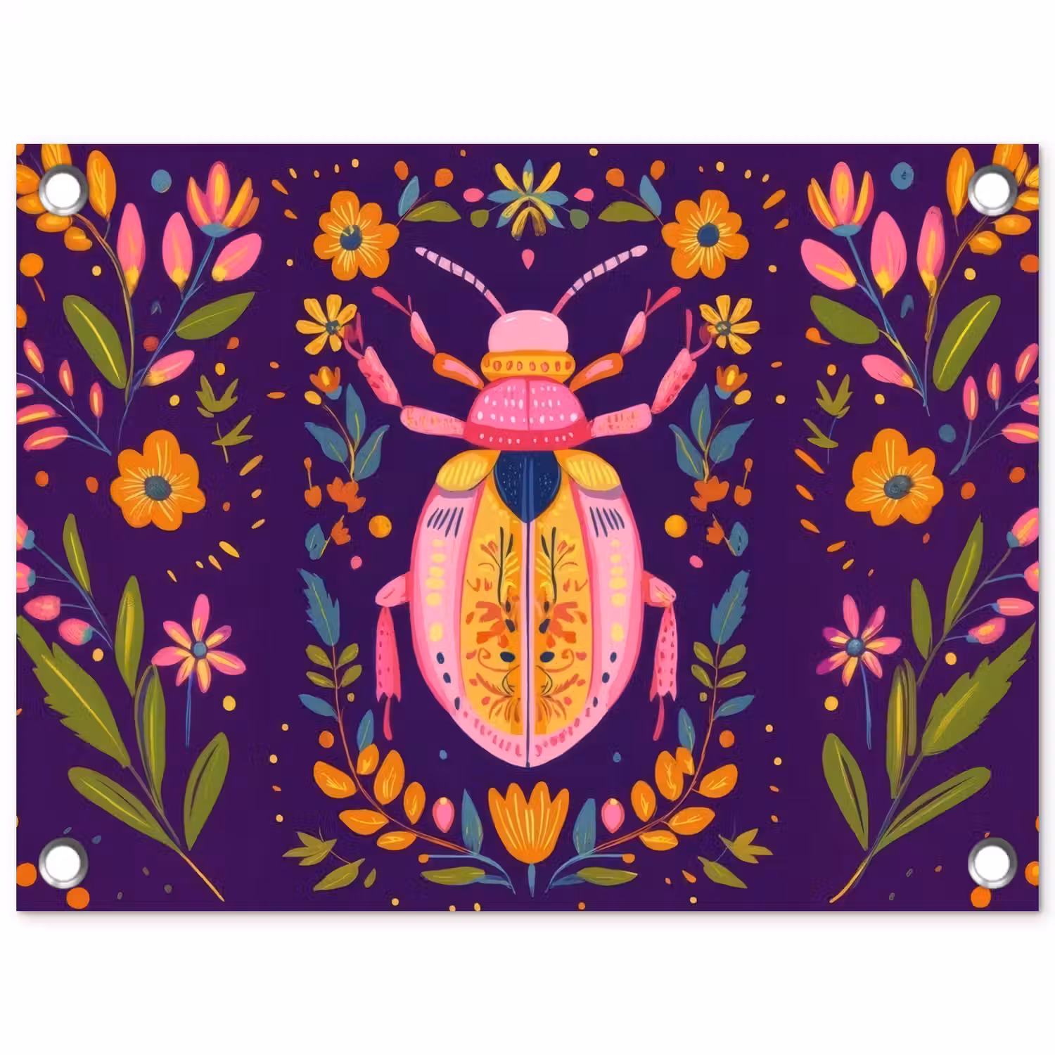 Kever - Felgekleurd - Bloemen - Bladeren tuinposter los doek klein -3d