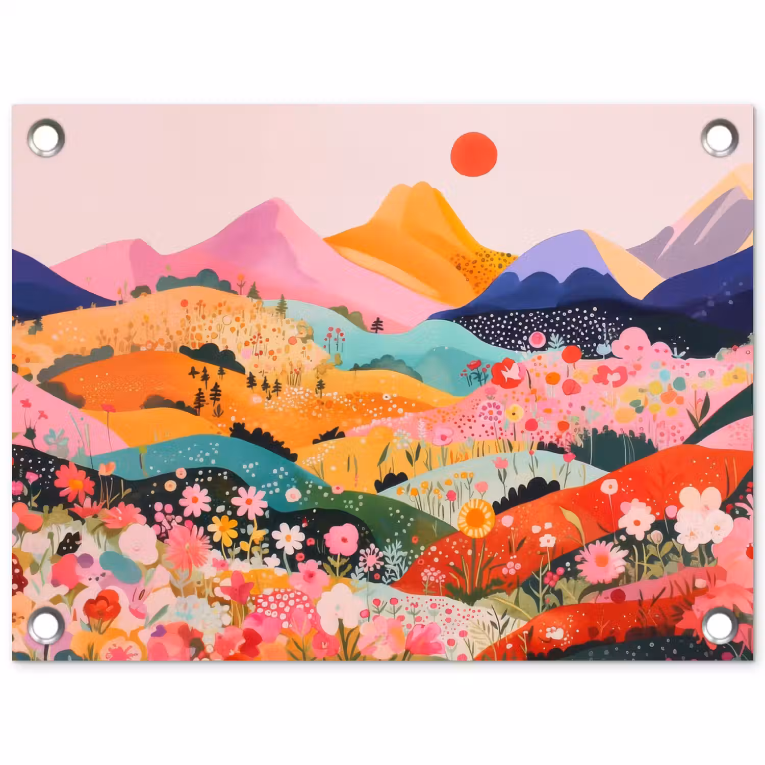 Kleurrijke bloemen - Bergen - Fantasielandschap tuinposter los doek klein -3d