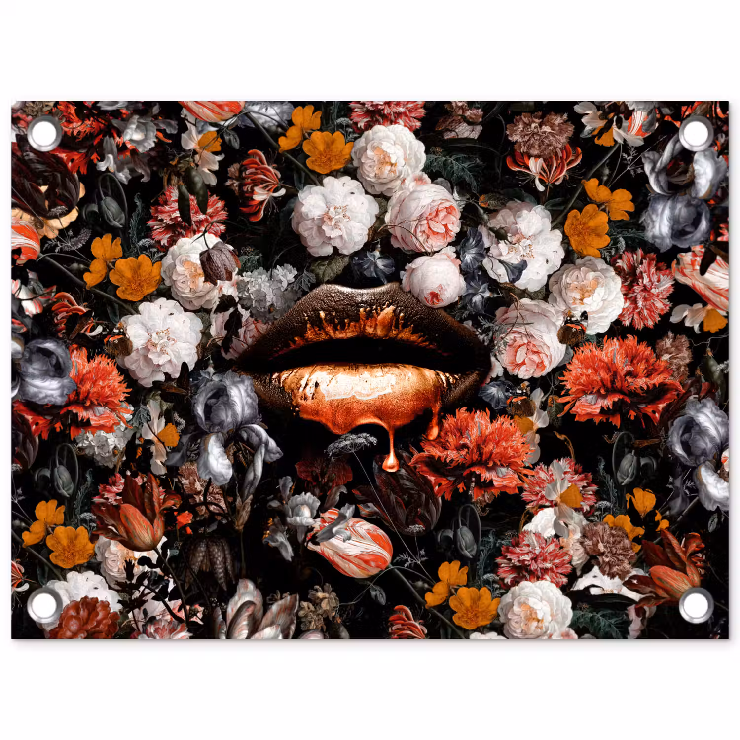 Lippen - Bloemen - Verf - Oranje - Kunst - Abstract - Oude meesters tuinposter los doek klein -3d