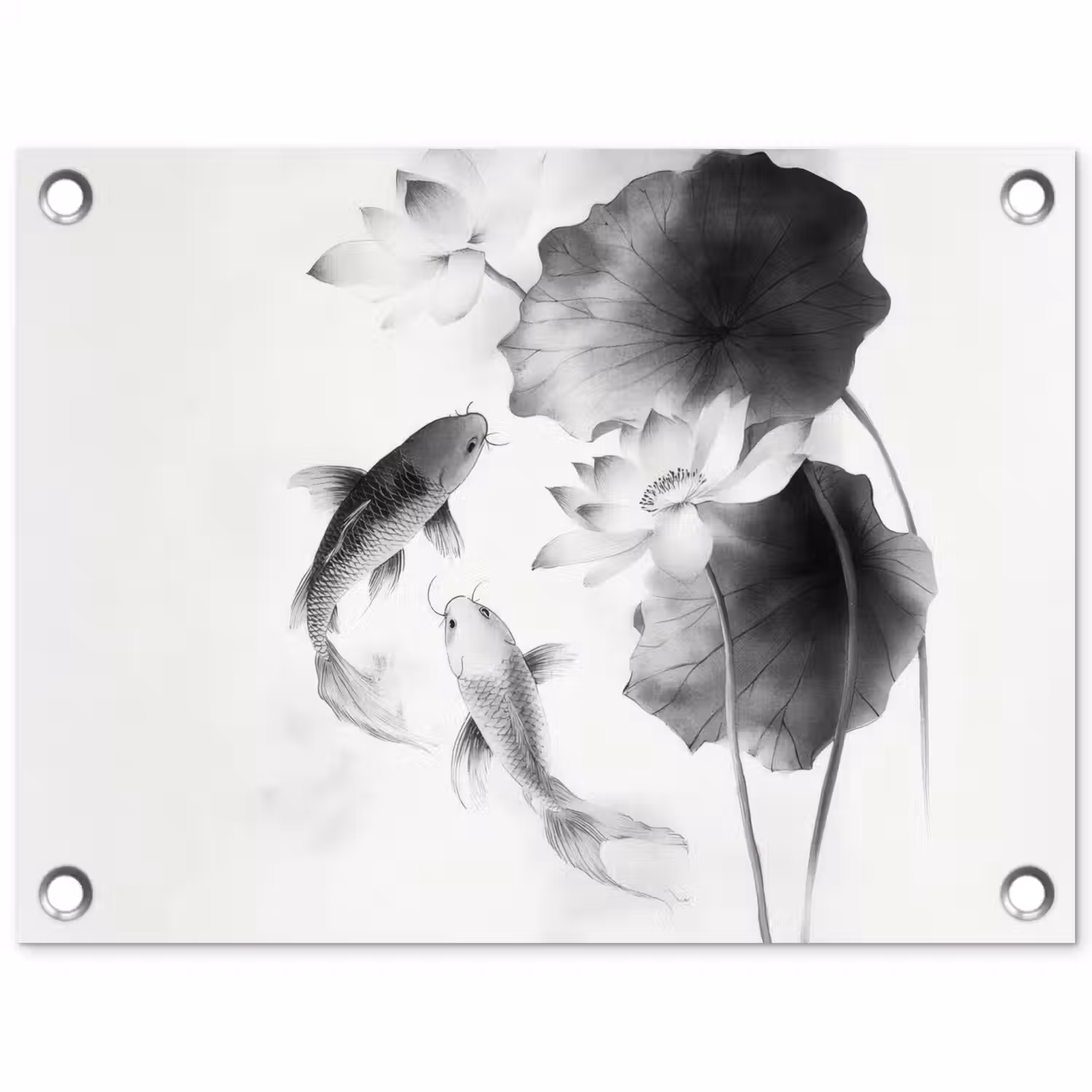 Lotusbloemen - Vissen - Bladeren - Zwart tuinposter los doek klein -3d