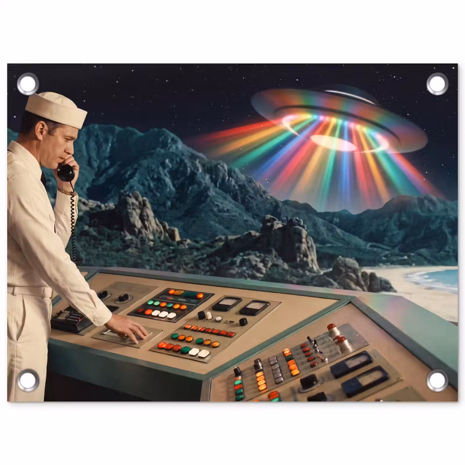 Tuinposter - Man - Controlekamer - Strand - Man - Controlekamer - Strand tuinposter los doek klein