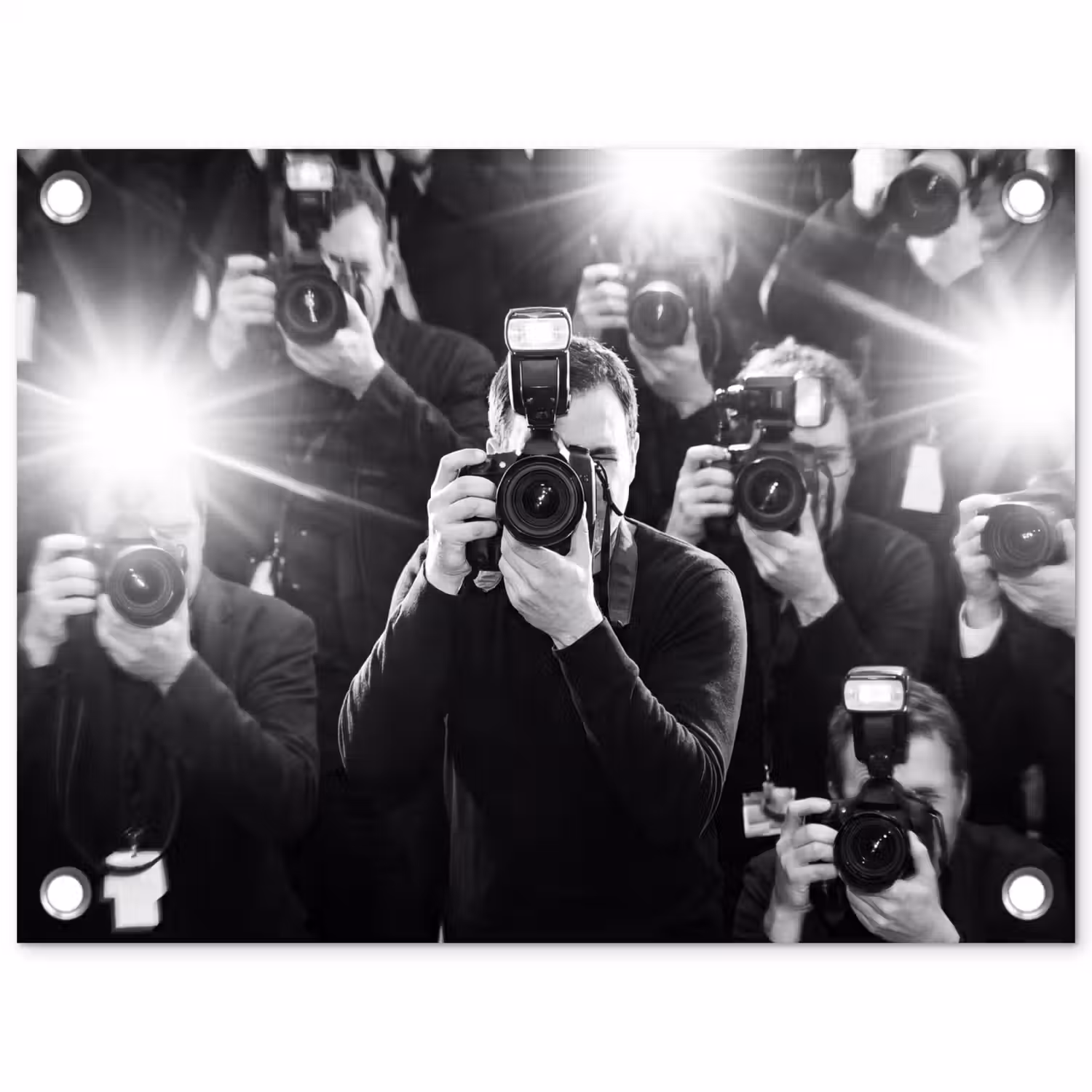 Mensen - Camera - Flitslicht - Zwart-wit - Media tuinposter los doek klein -3d