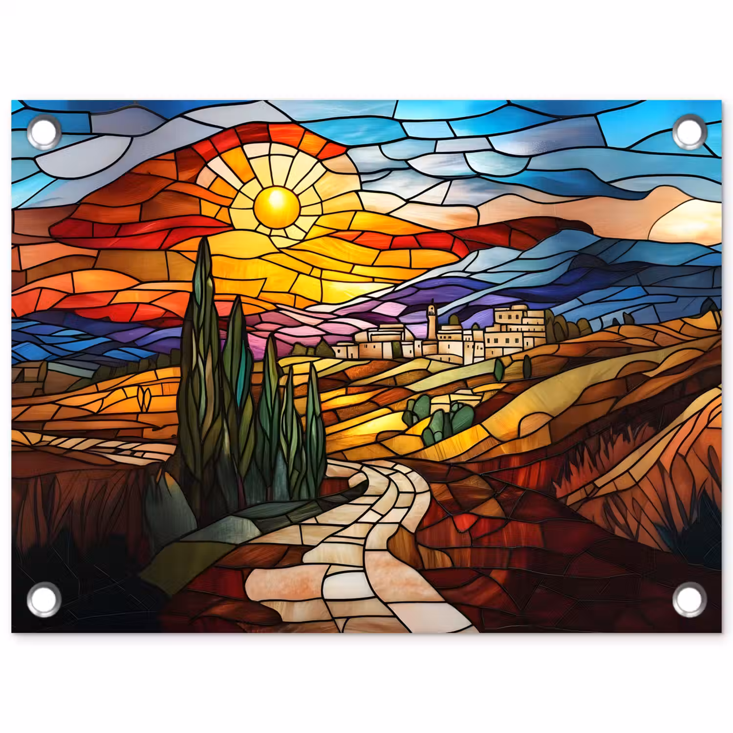 Mozaïek - Zon - Landschap - Dorp tuinposter los doek klein -3d