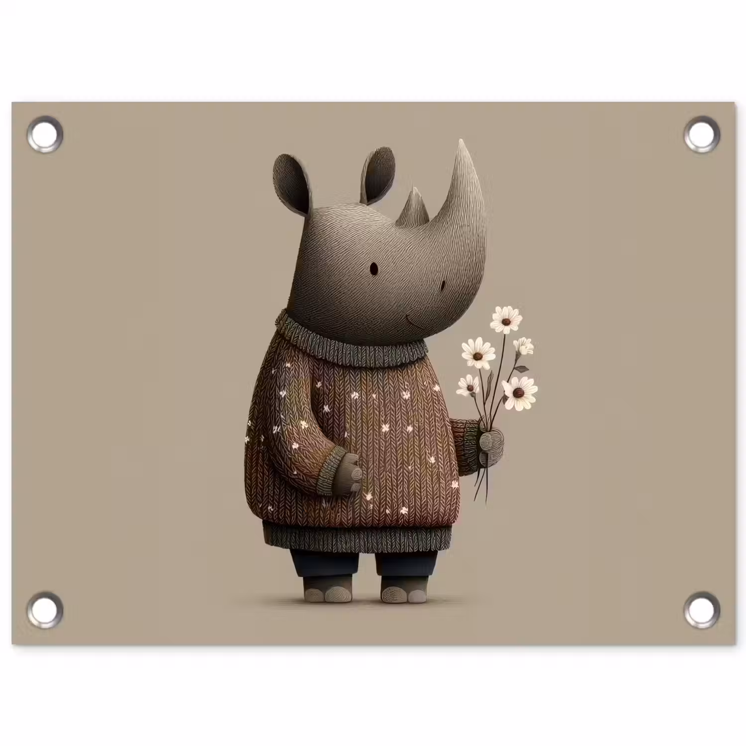 Neushoorn - Witte bloemen - Lief tuinposter los doek klein -3d