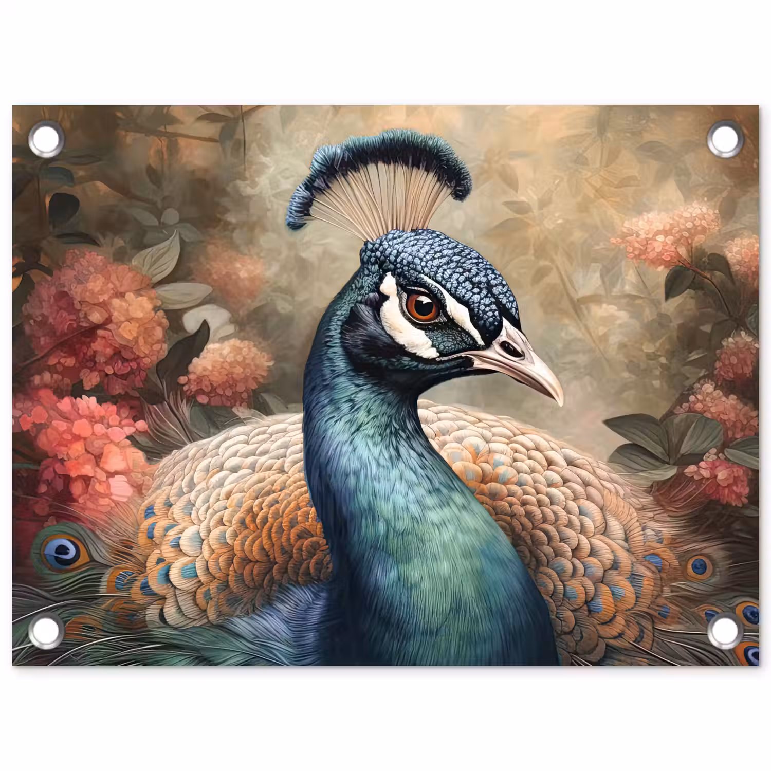 Pauw - Vogel - Bloemen - Planten - Pauwenveren tuinposter los doek klein -3d