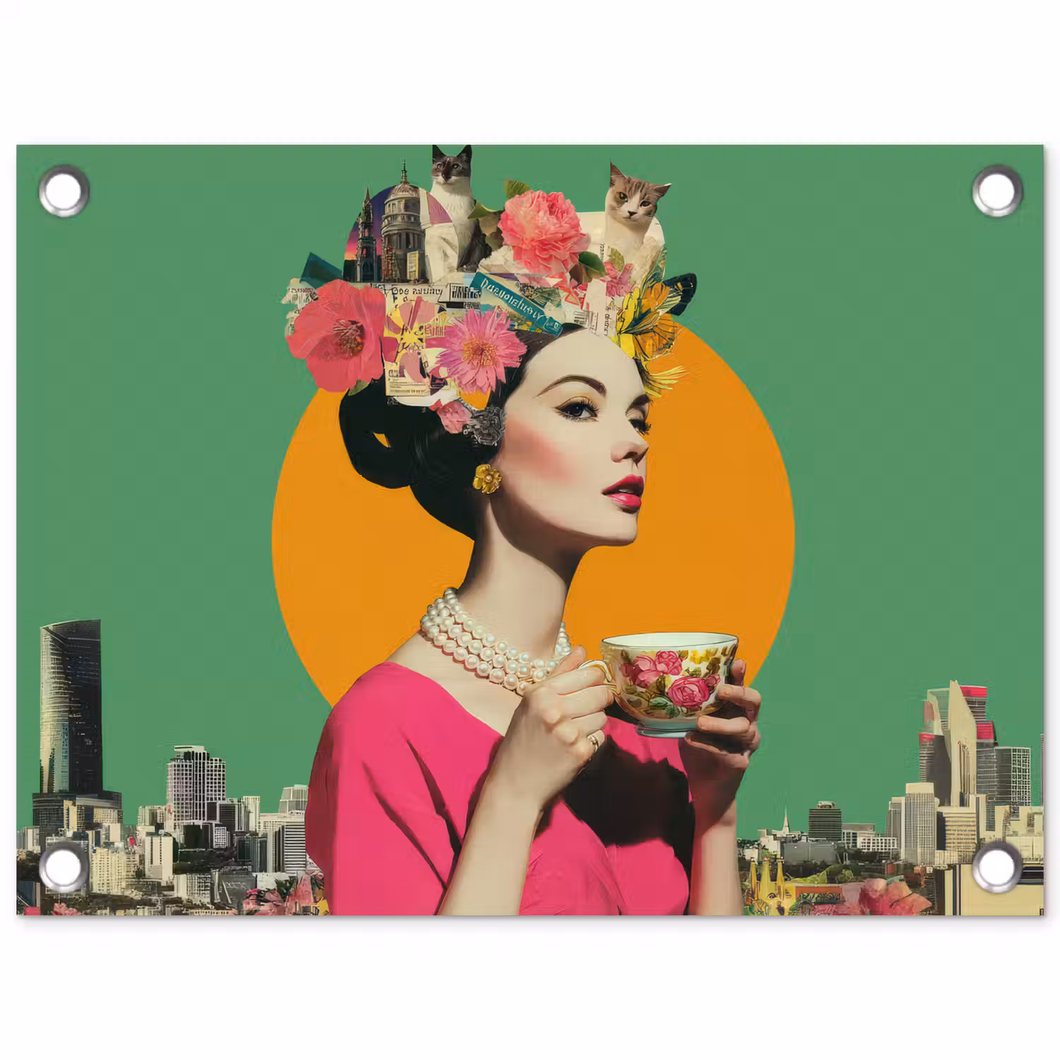 Retro - Vrouw - Stad - Zon tuinposter los doek klein -3d