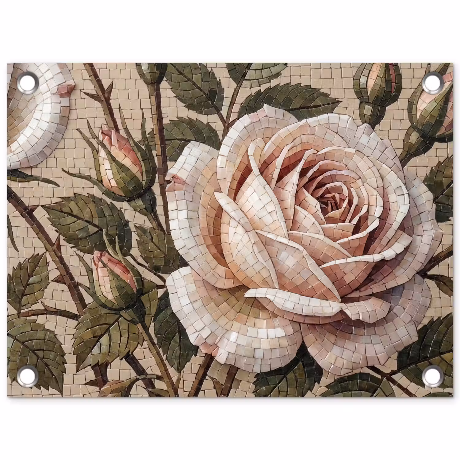 Roos - Mozaïek - Bloemen - Klassiek - Beige tuinposter los doek klein -3d