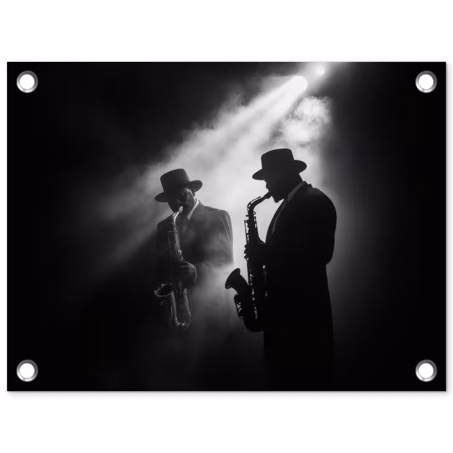 Saxofonisten - Hoeden - Rook - Licht tuinposter los doek klein -3d