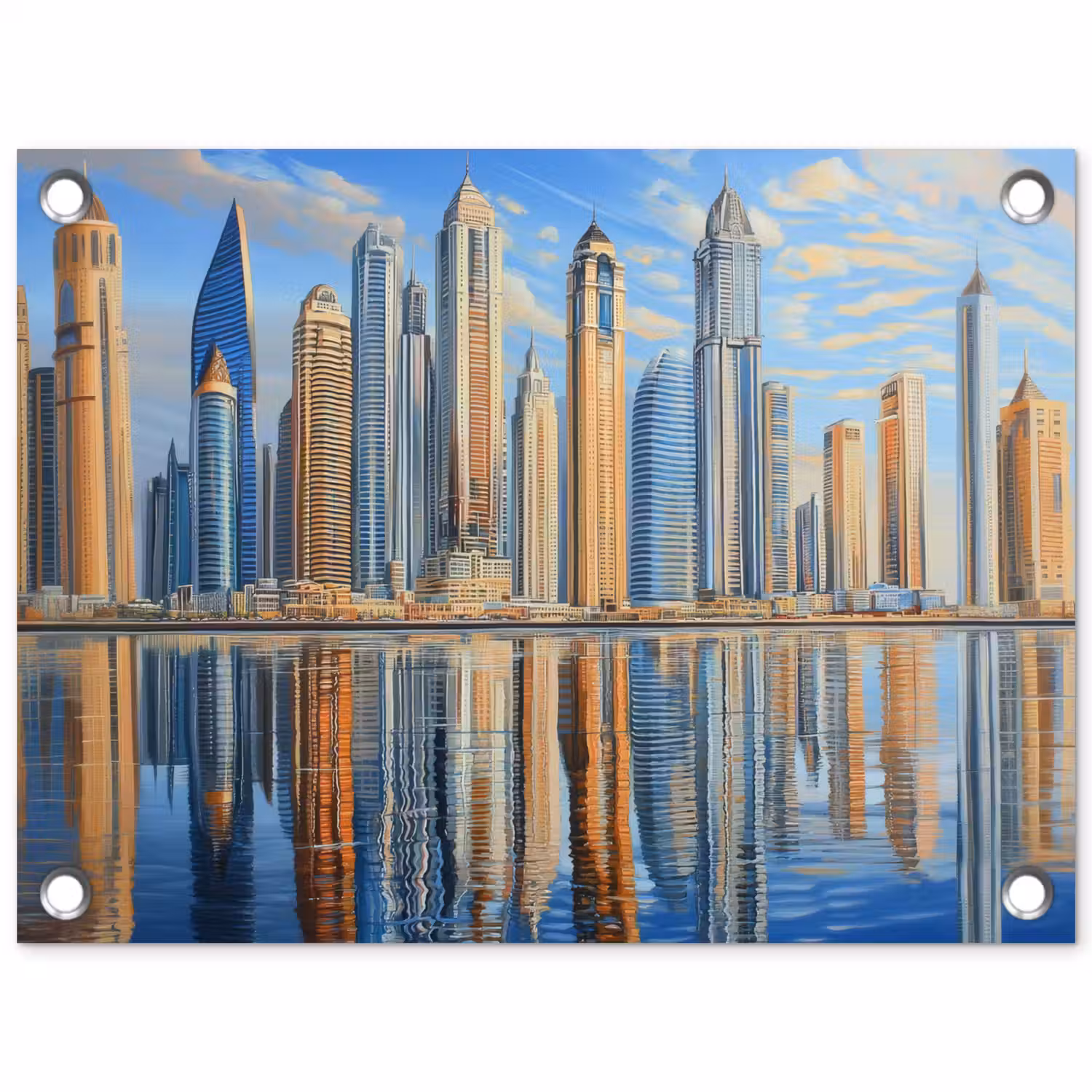 Skyline - Wolkenkrabbers - Water - Blauw tuinposter los doek klein -3d