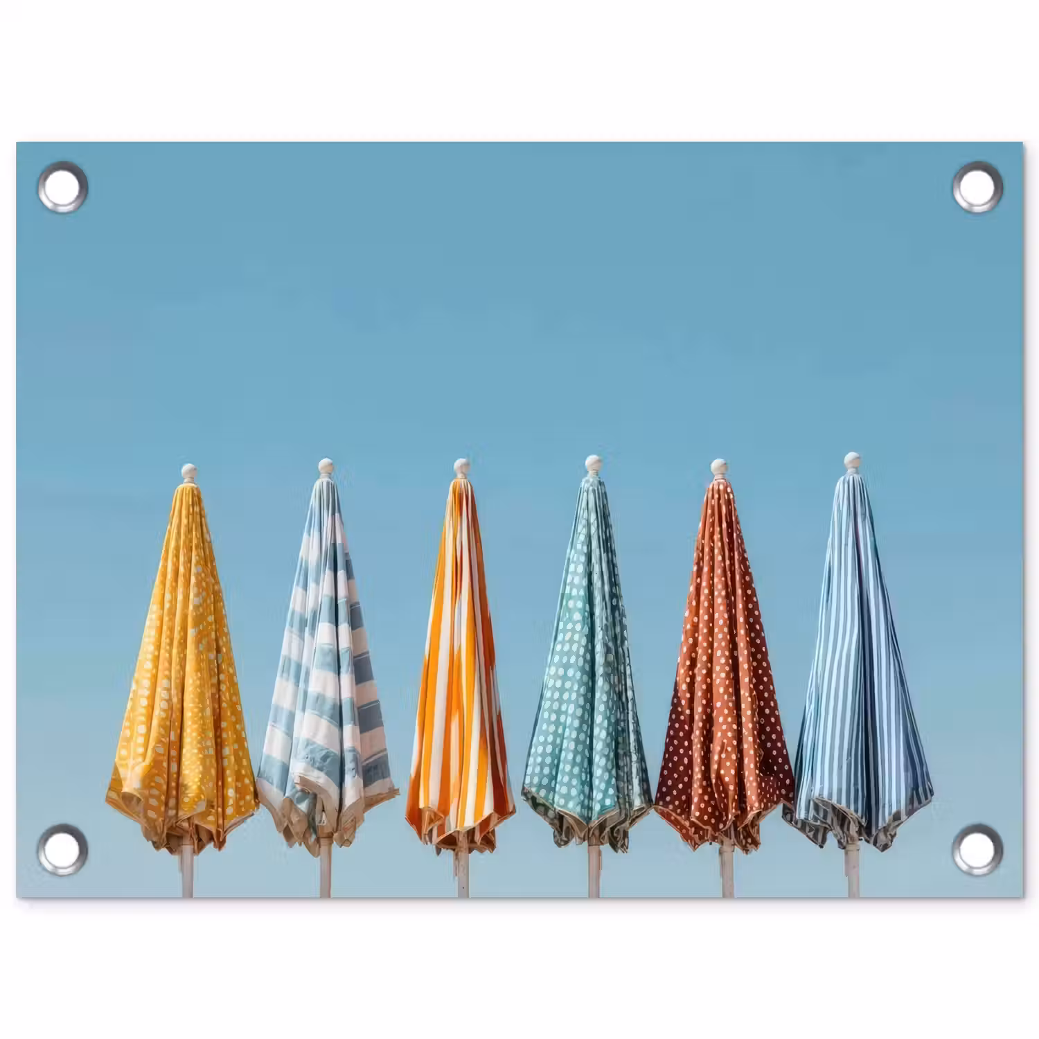 Strandparasols - Blauwe lucht - Kleurrijk tuinposter los doek klein -3d