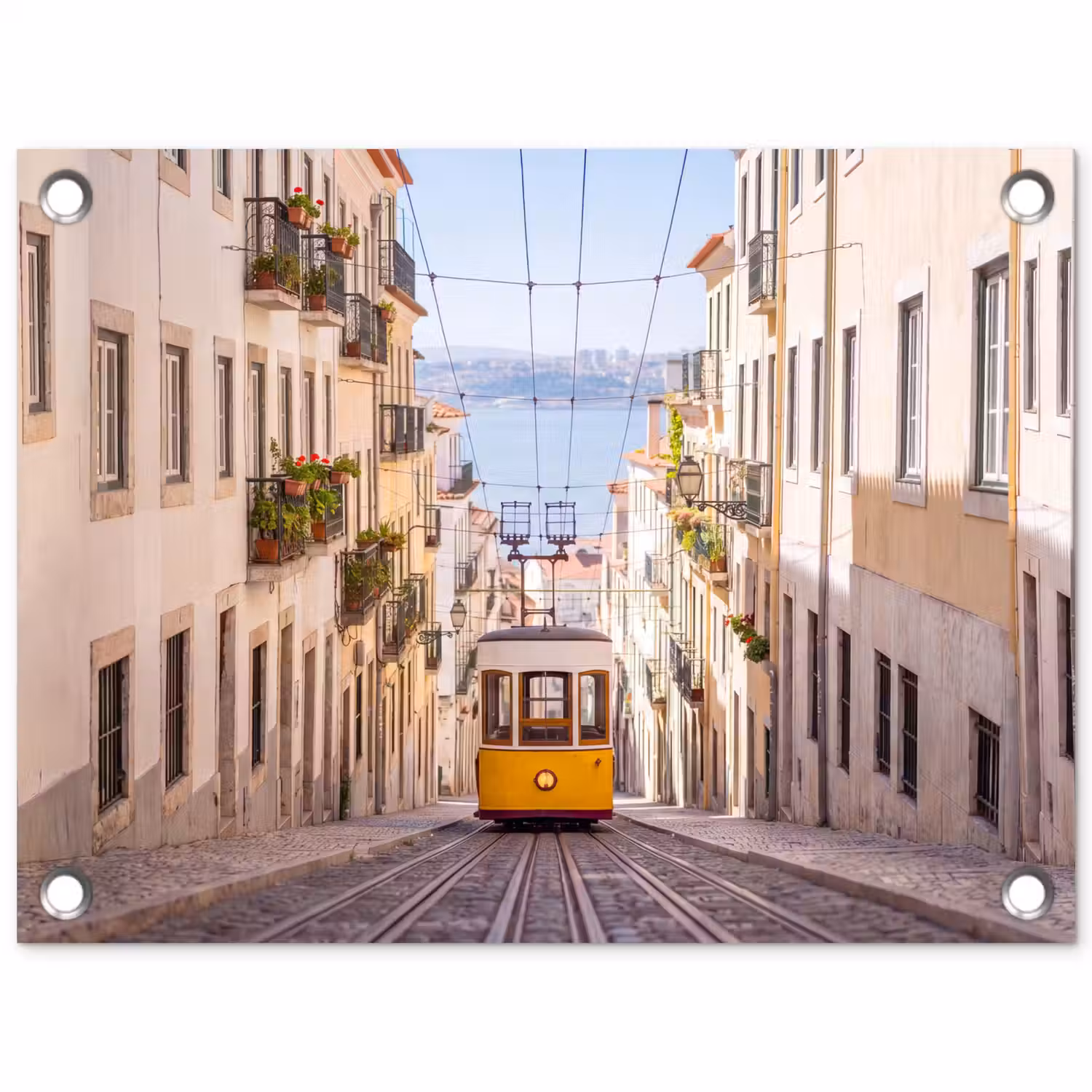 Tram - Straat - Stad - Architectuur - Geel tuinposter los doek klein -3d