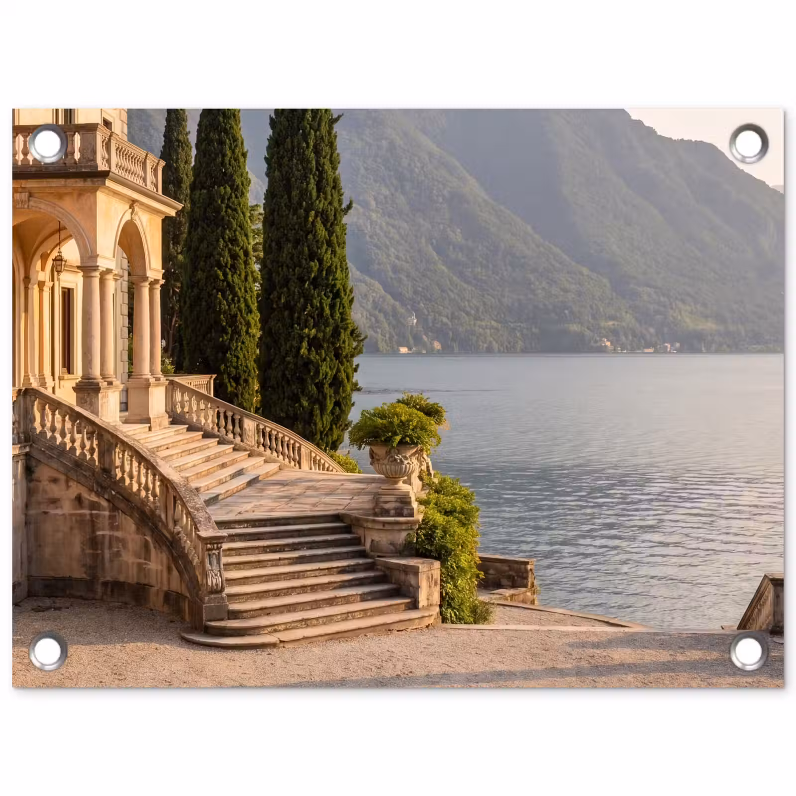 Tuinposter - Villa - water -trappen - Villa - water -trappen tuinposter los doek klein