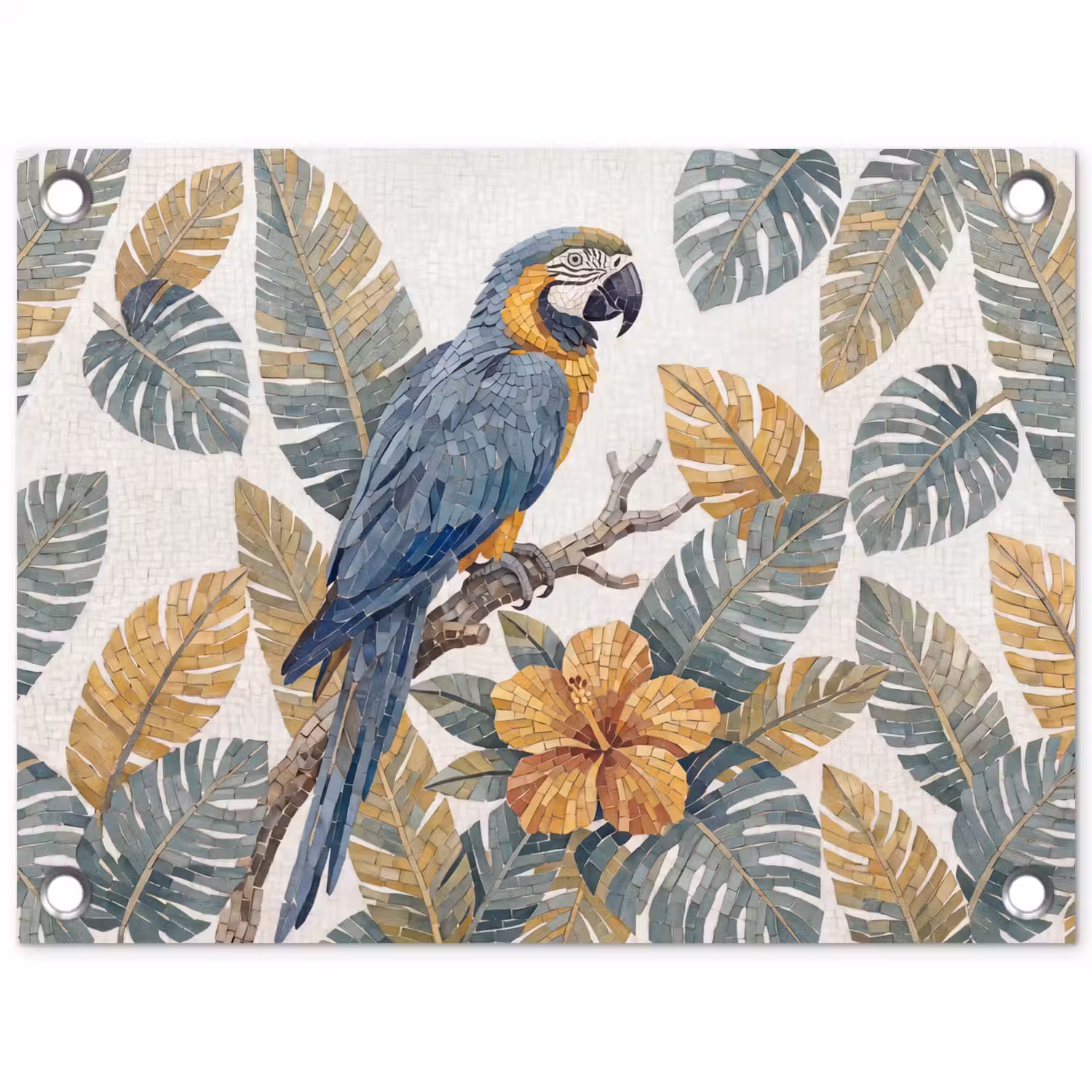 Vogel - Tak - Natuur - Mozaïek - Blauw tuinposter los doek klein -3d