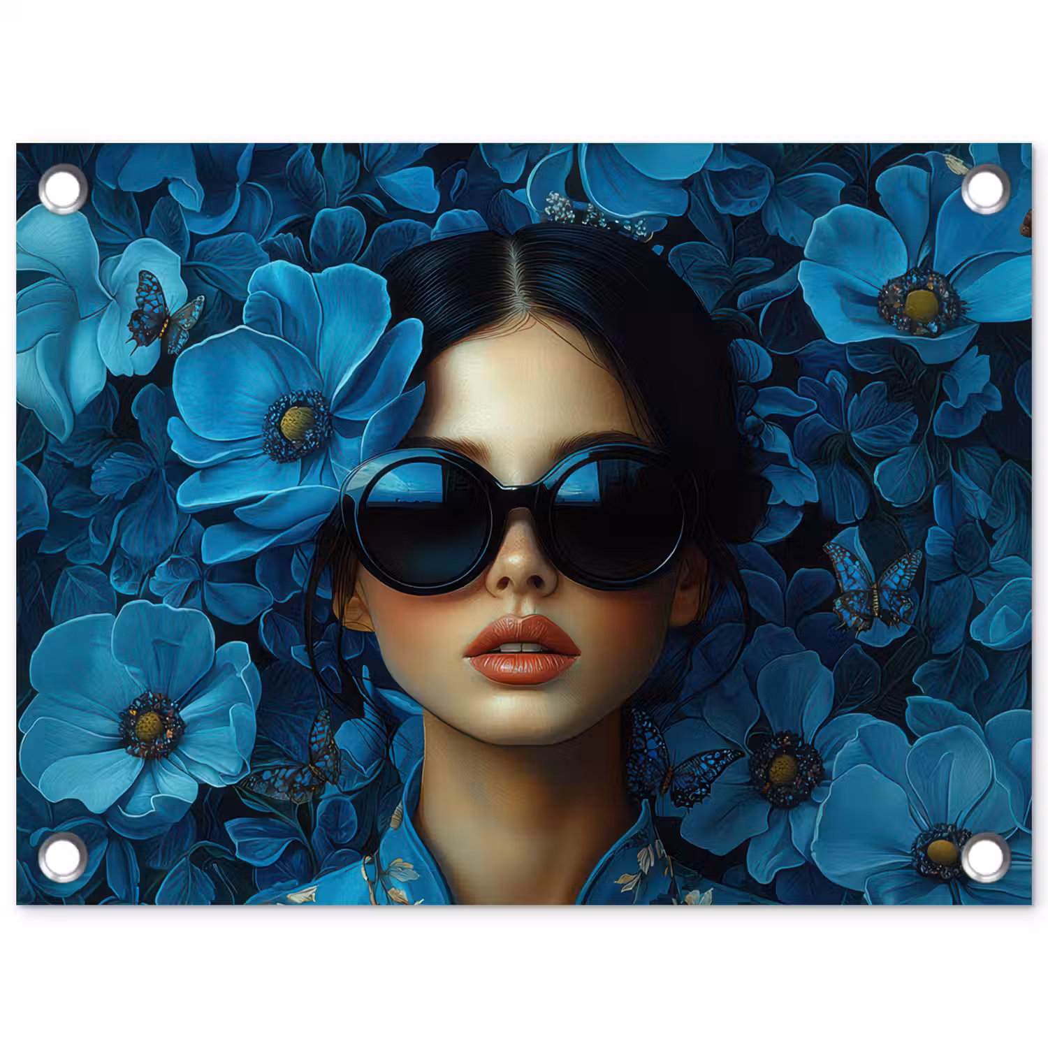 Vrouw - Bloemen - Blauw - Aesthetic - Luxe tuinposter los doek klein -3d