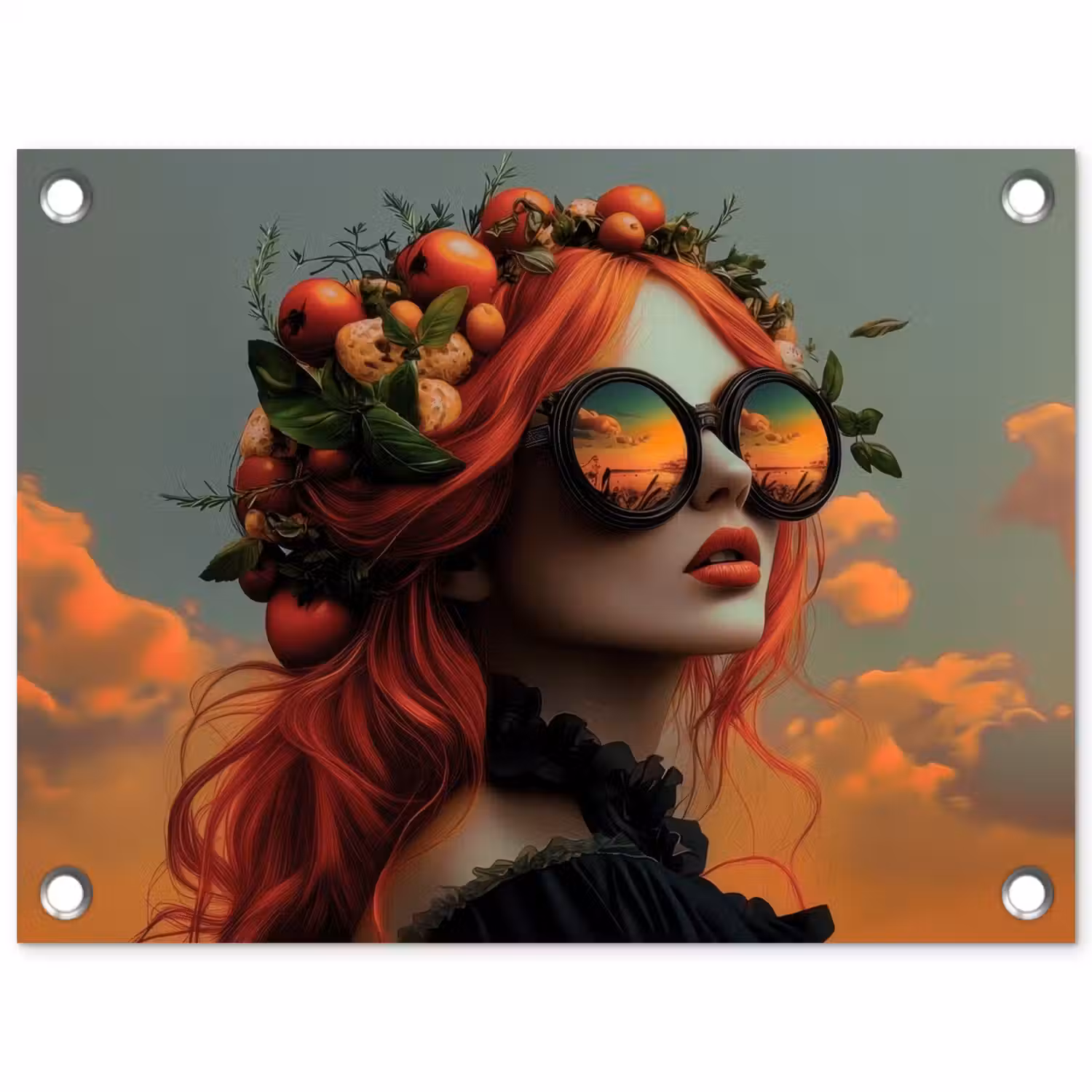 Vrouw - Kroon - Tomaat - Bascilicum - Zonnebril tuinposter los doek klein -3d