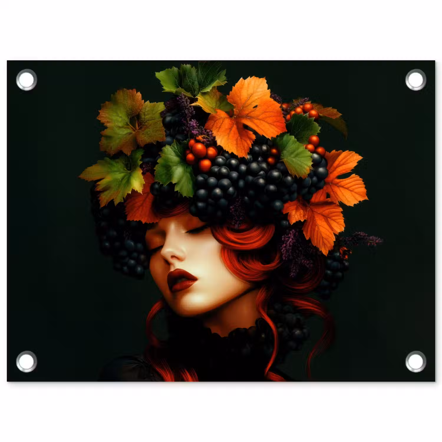 Vrouw - Rood - Groen - Druiven tuinposter los doek klein -3d