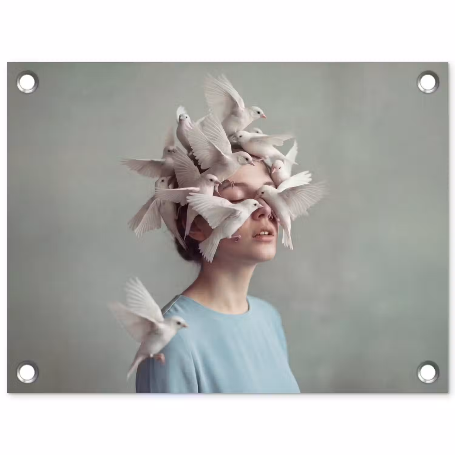 Vrouw - Vogels - Abstract - Modern - Wit tuinposter los doek klein -3d