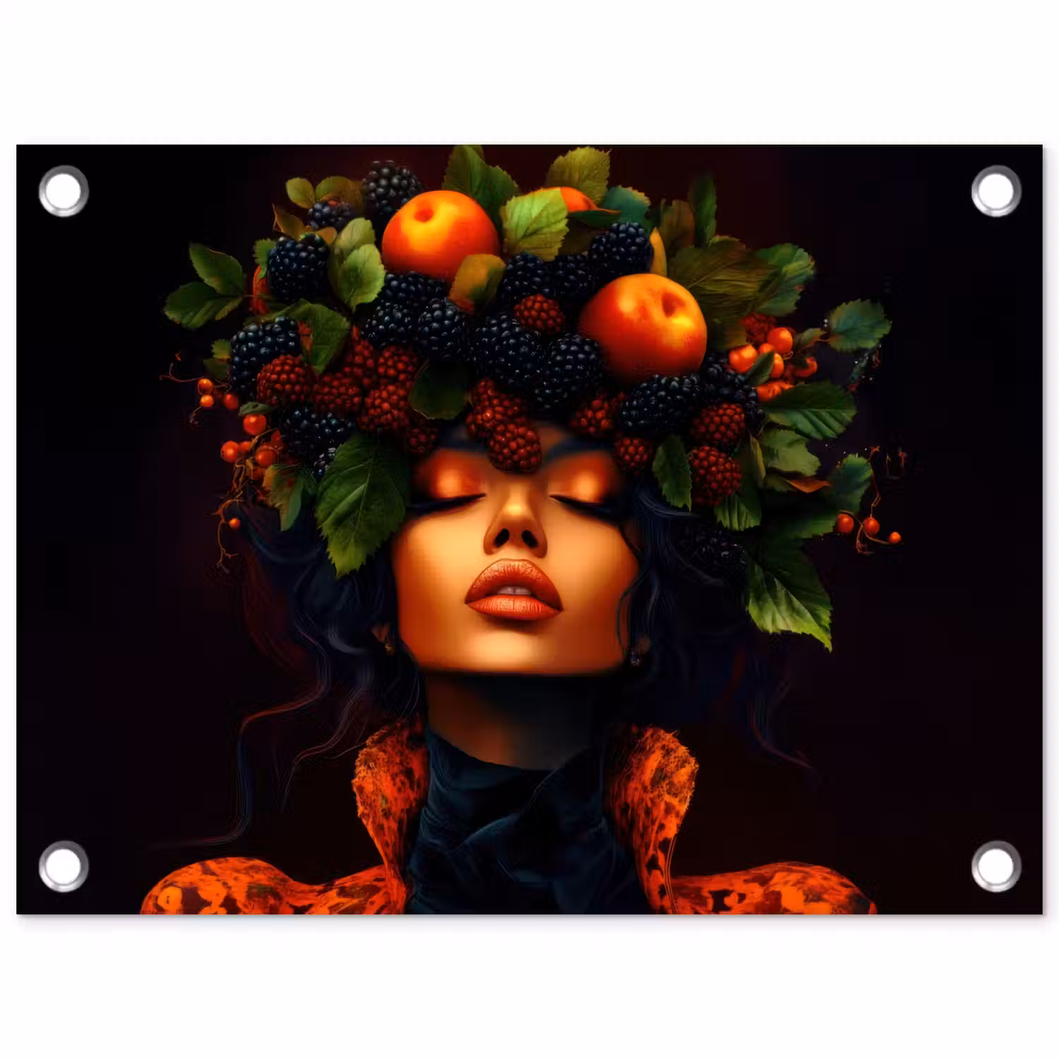 Vrouw - Zwart - Bessen - Bramen - Appels tuinposter los doek klein -3d