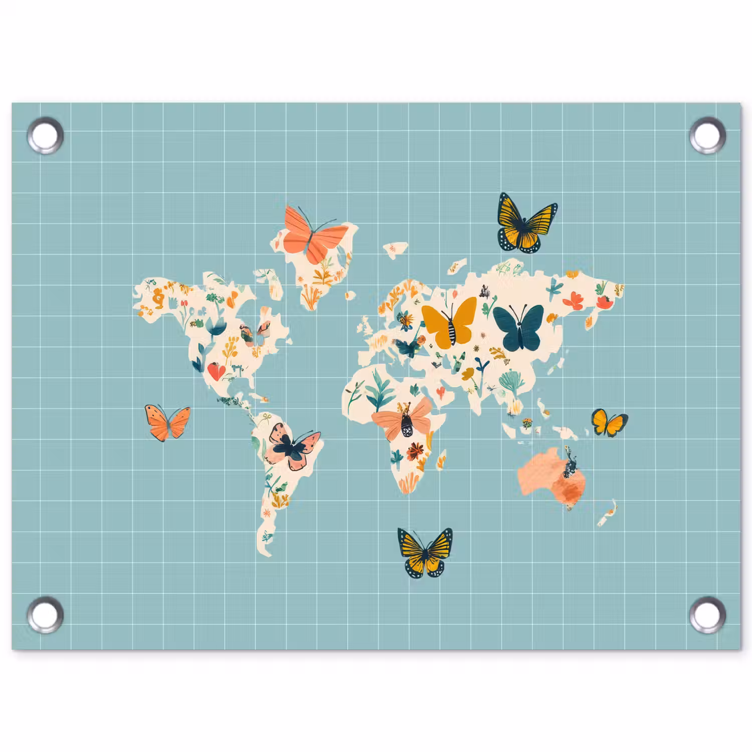 Wereldkaart - Vlinders - Dromerig tuinposter los doek klein -3d