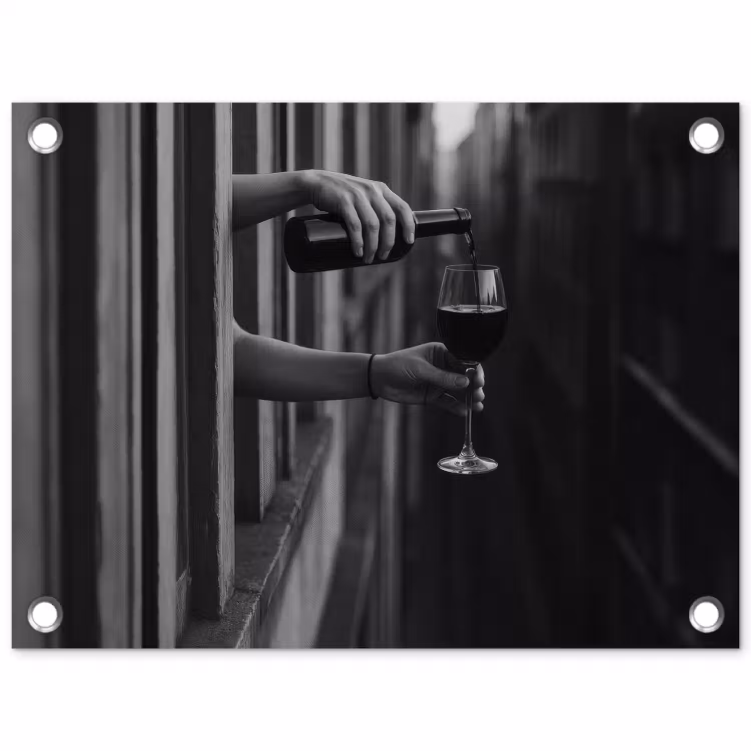 Wijnfles - Glas - Handen - Raam tuinposter los doek klein -3d