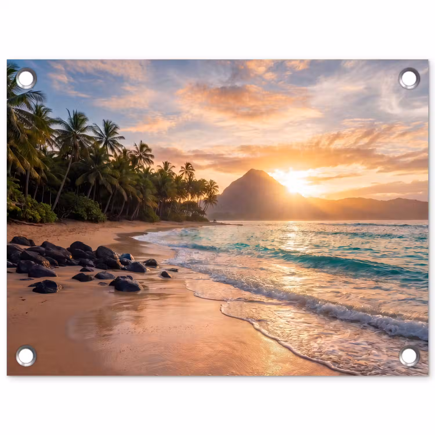 Zee - Berg - Landschap - Tropisch - Goud tuinposter los doek klein -3d